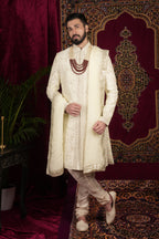 Ivory Silk Floral Jaal Embroidered Grrom Sherwani Set