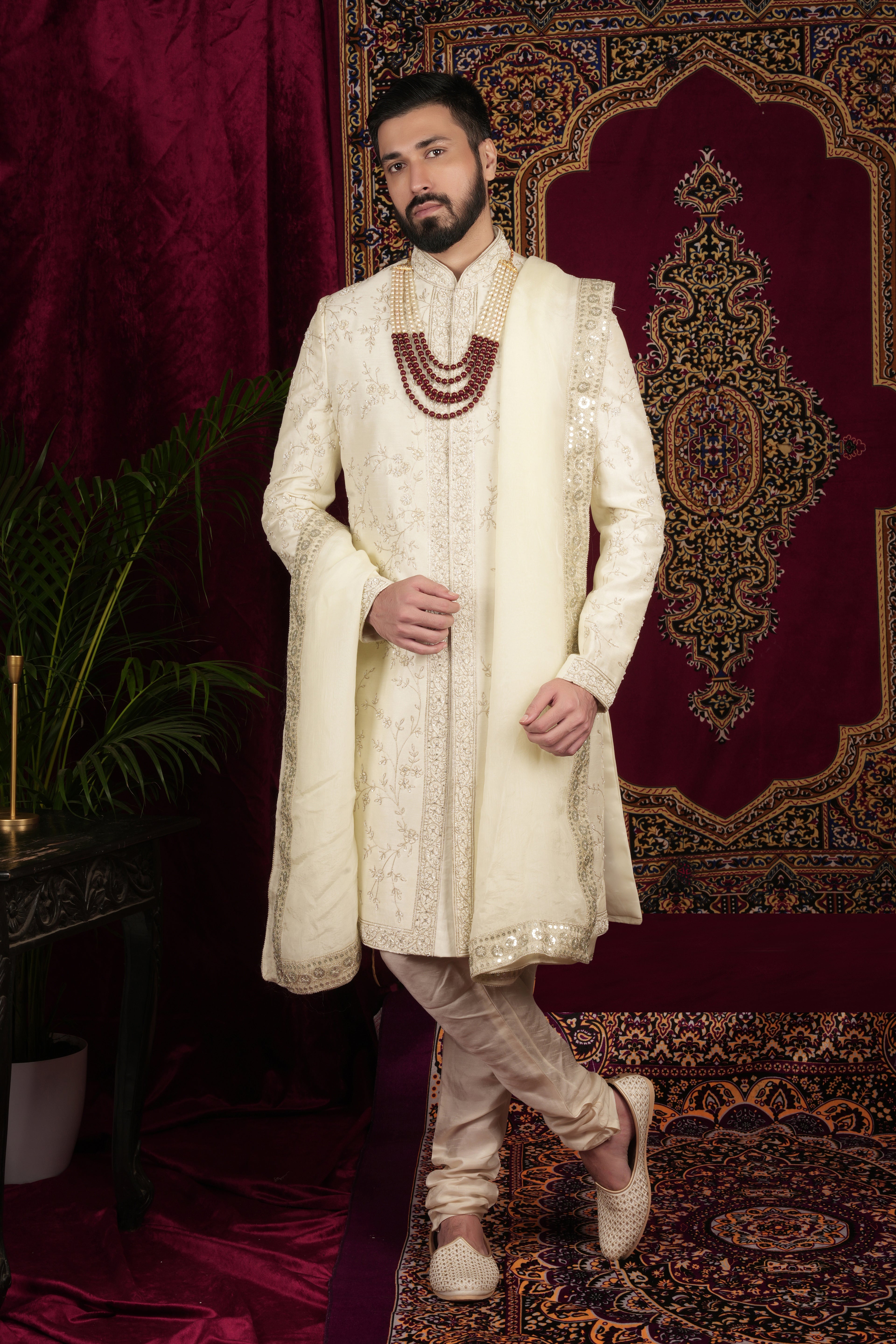 Ivory Silk Floral Jaal Embroidered Grrom Sherwani Set