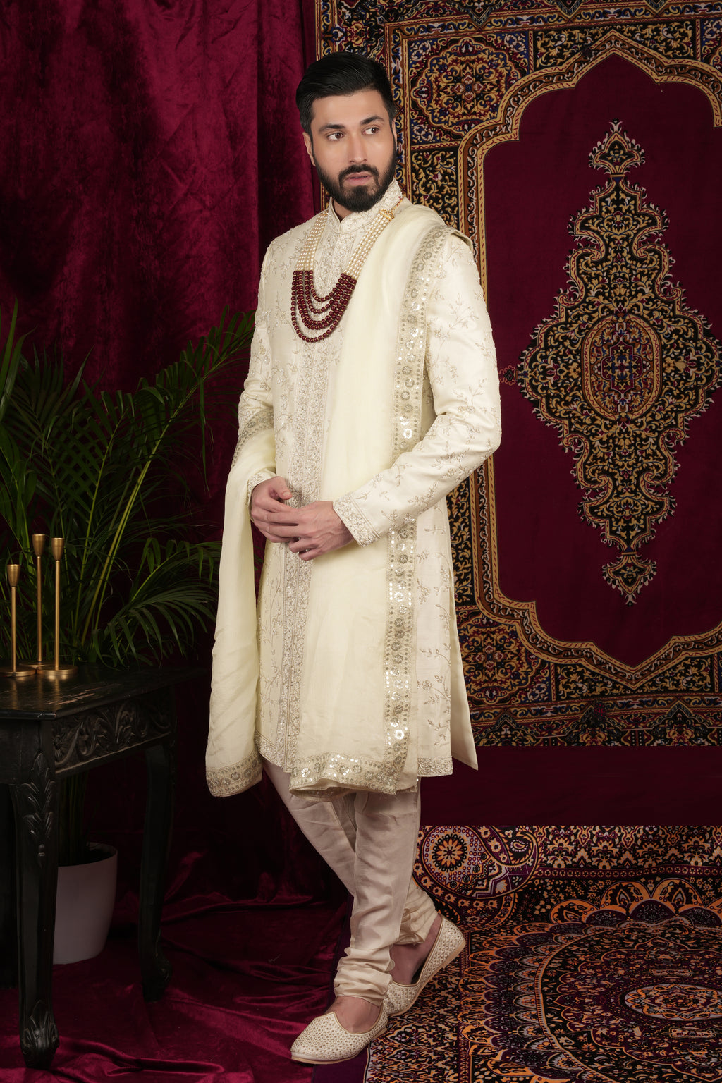 Ivory Silk Floral Jaal Embroidered Grrom Sherwani Set