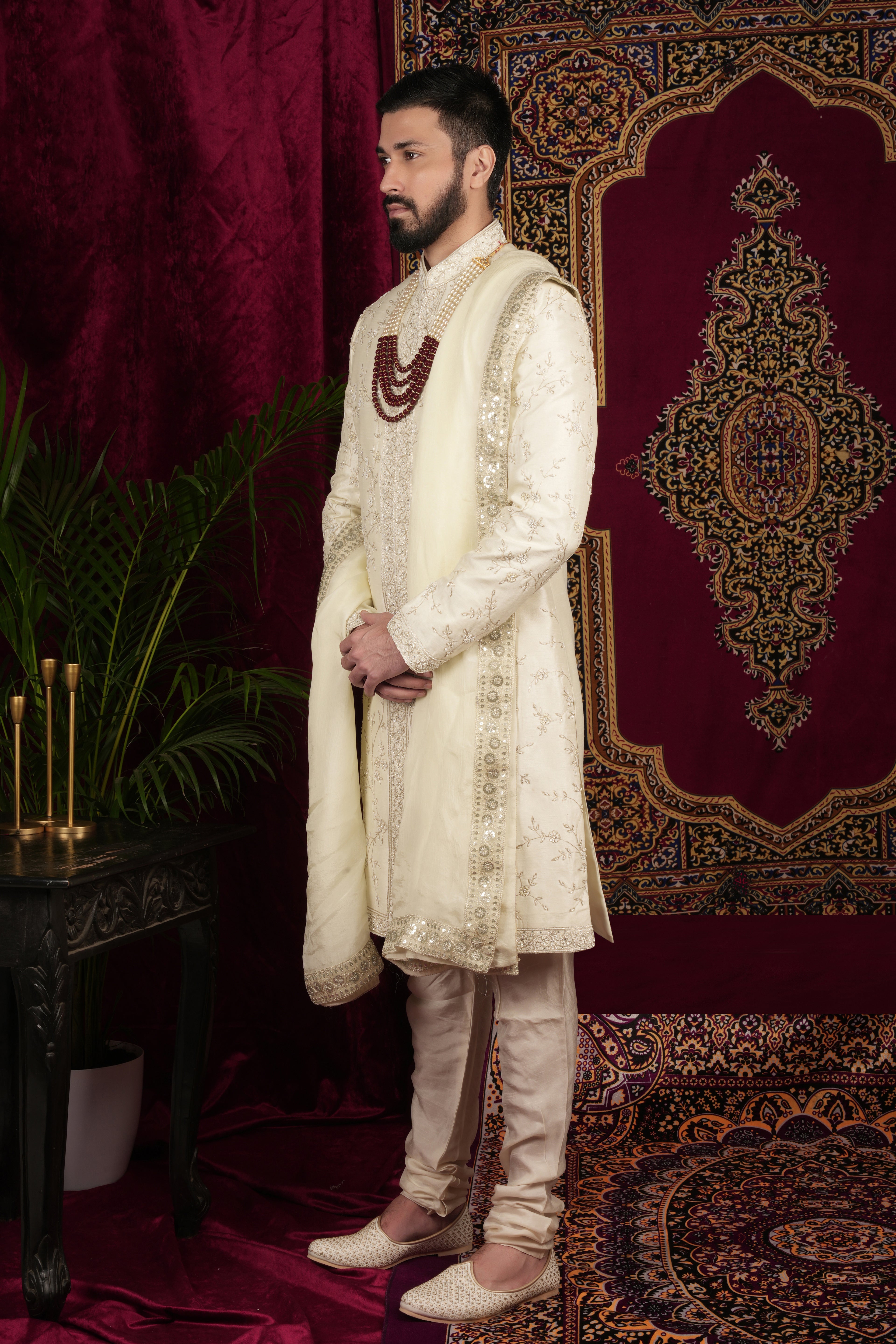 Ivory Silk Floral Jaal Embroidered Grrom Sherwani Set
