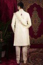 Ivory Silk Floral Jaal Embroidered Grrom Sherwani Set