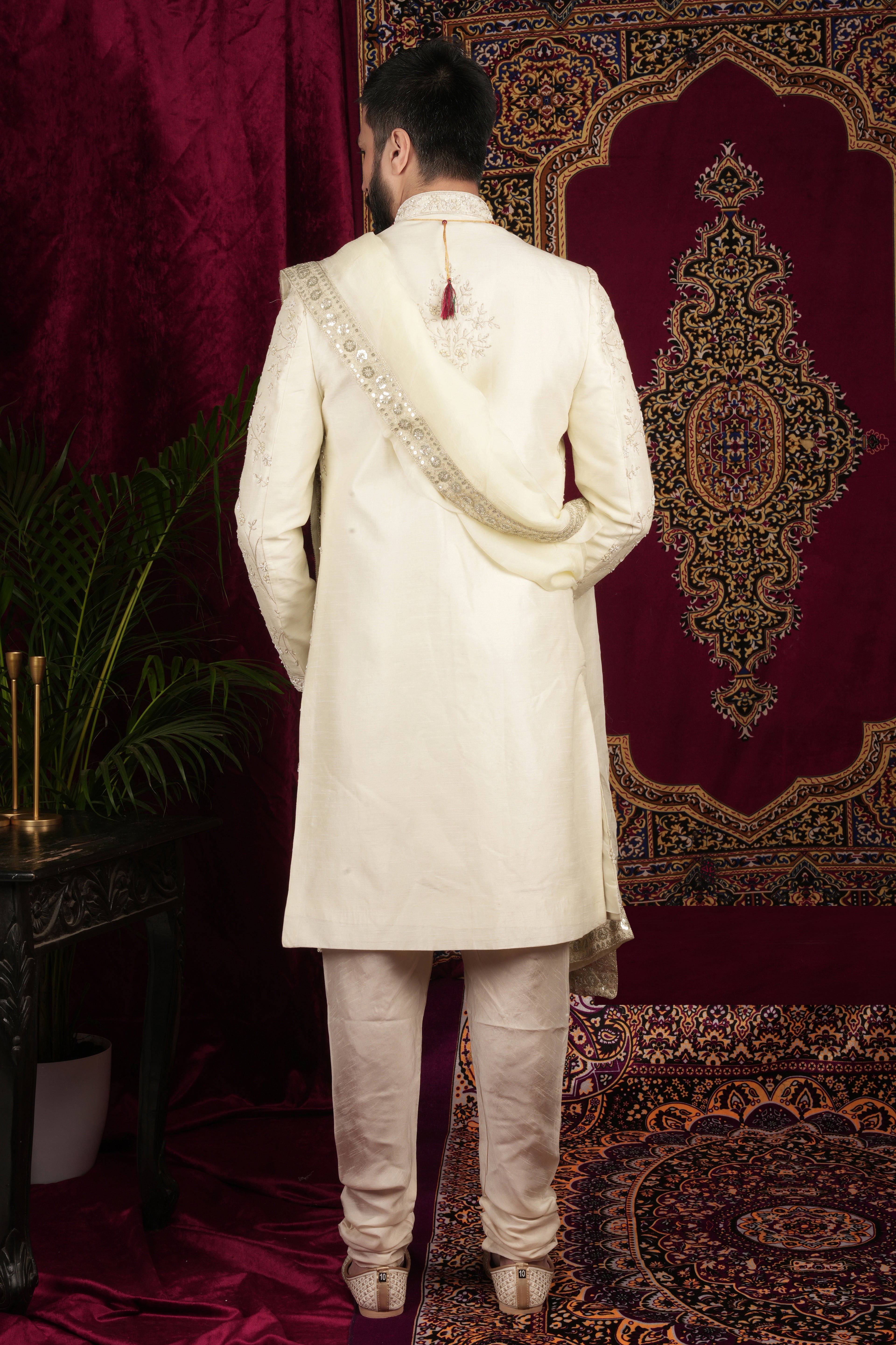 Ivory Silk Floral Jaal Embroidered Grrom Sherwani Set