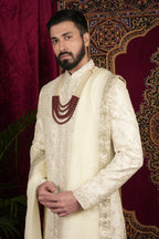 Ivory Silk Floral Jaal Embroidered Grrom Sherwani Set