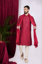 Red Silk Hand Embroidered Kurta Set