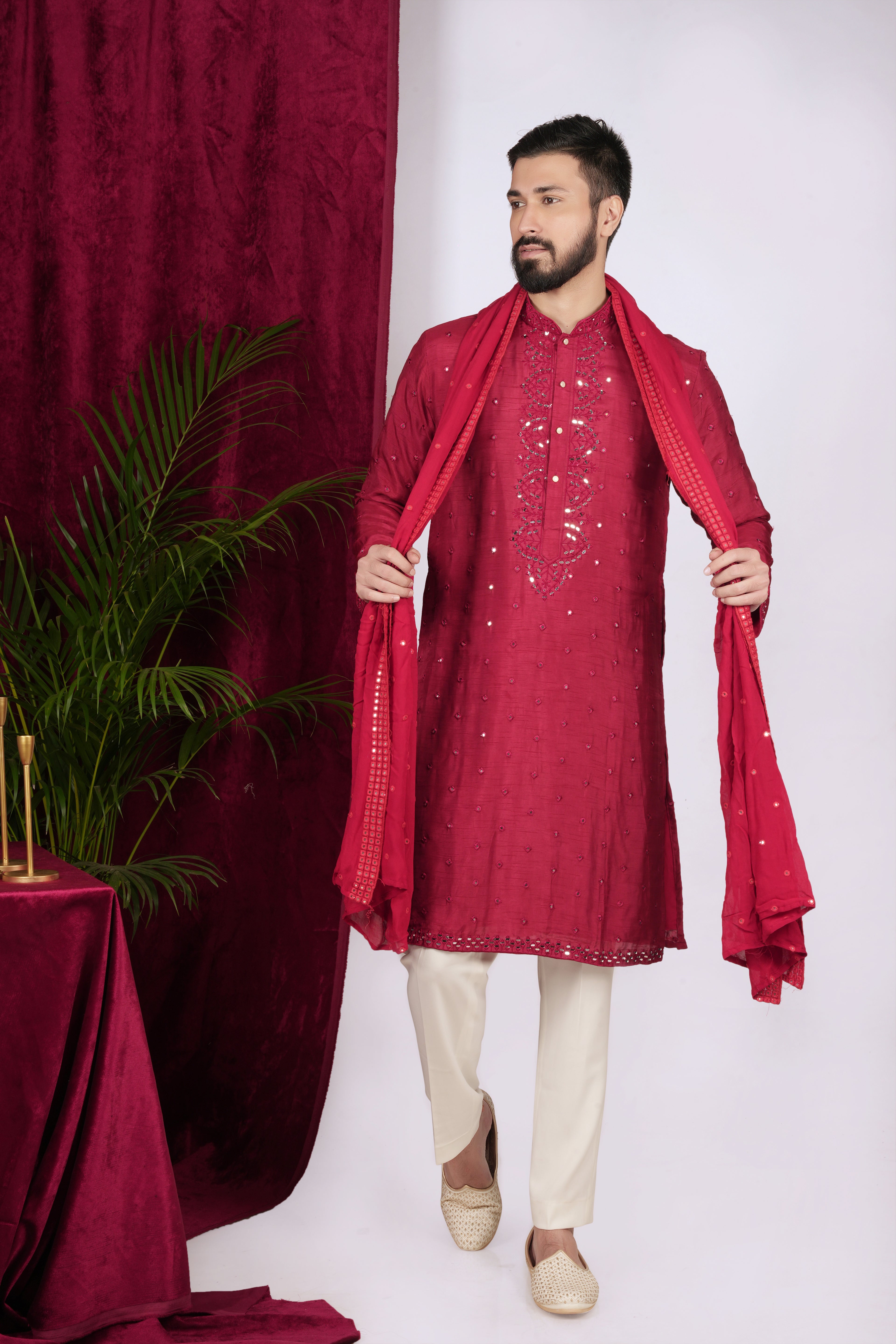 Red Silk Hand Embroidered Kurta Set