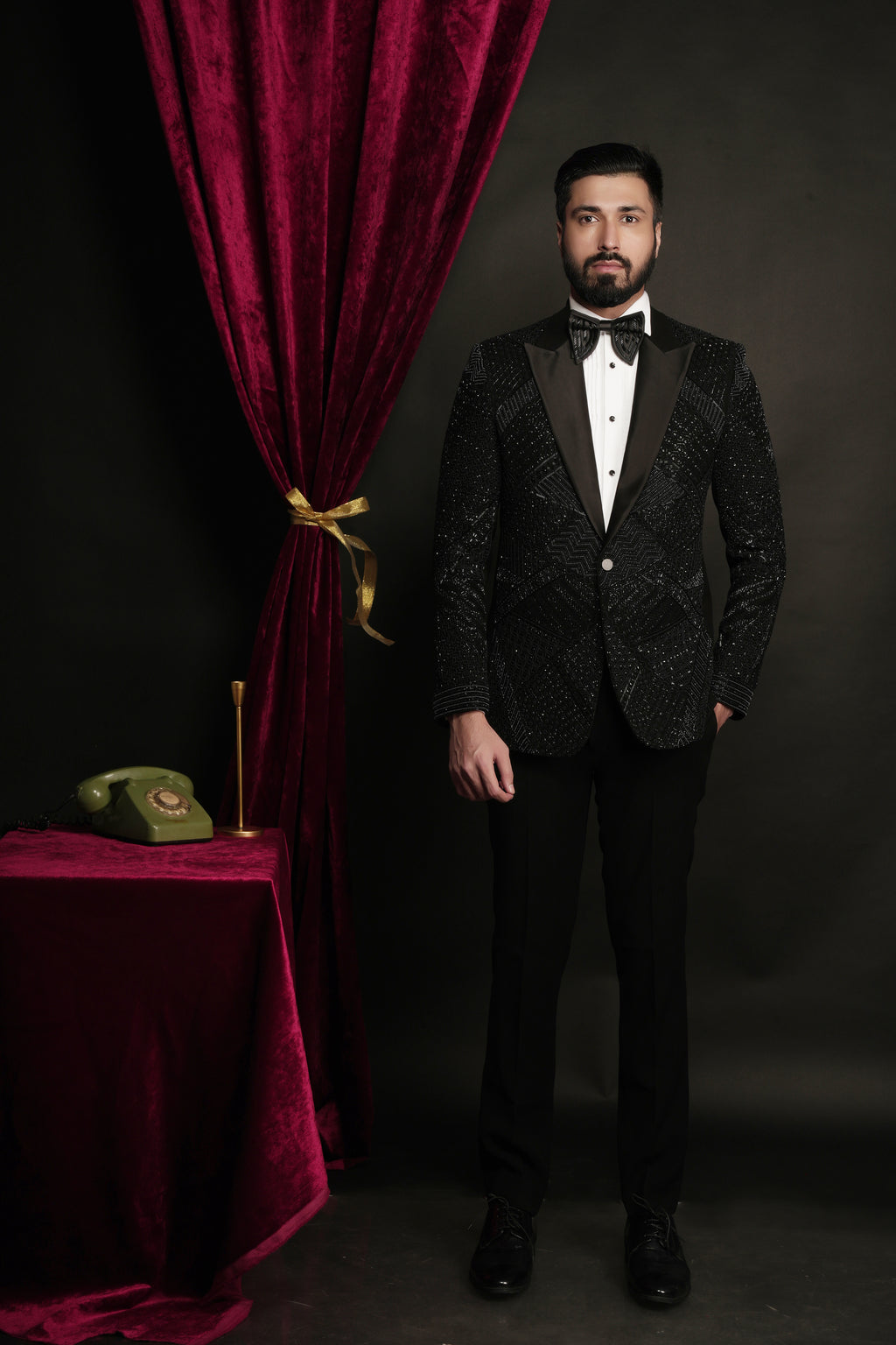 Black Multidimentional Hand Embroidered Tuxedo Set