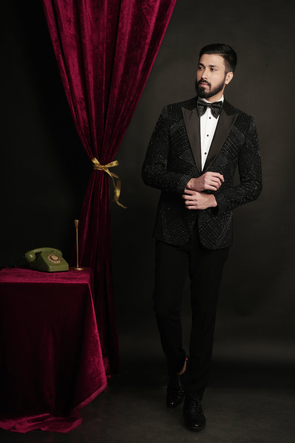 Black Multidimentional Hand Embroidered Tuxedo Set