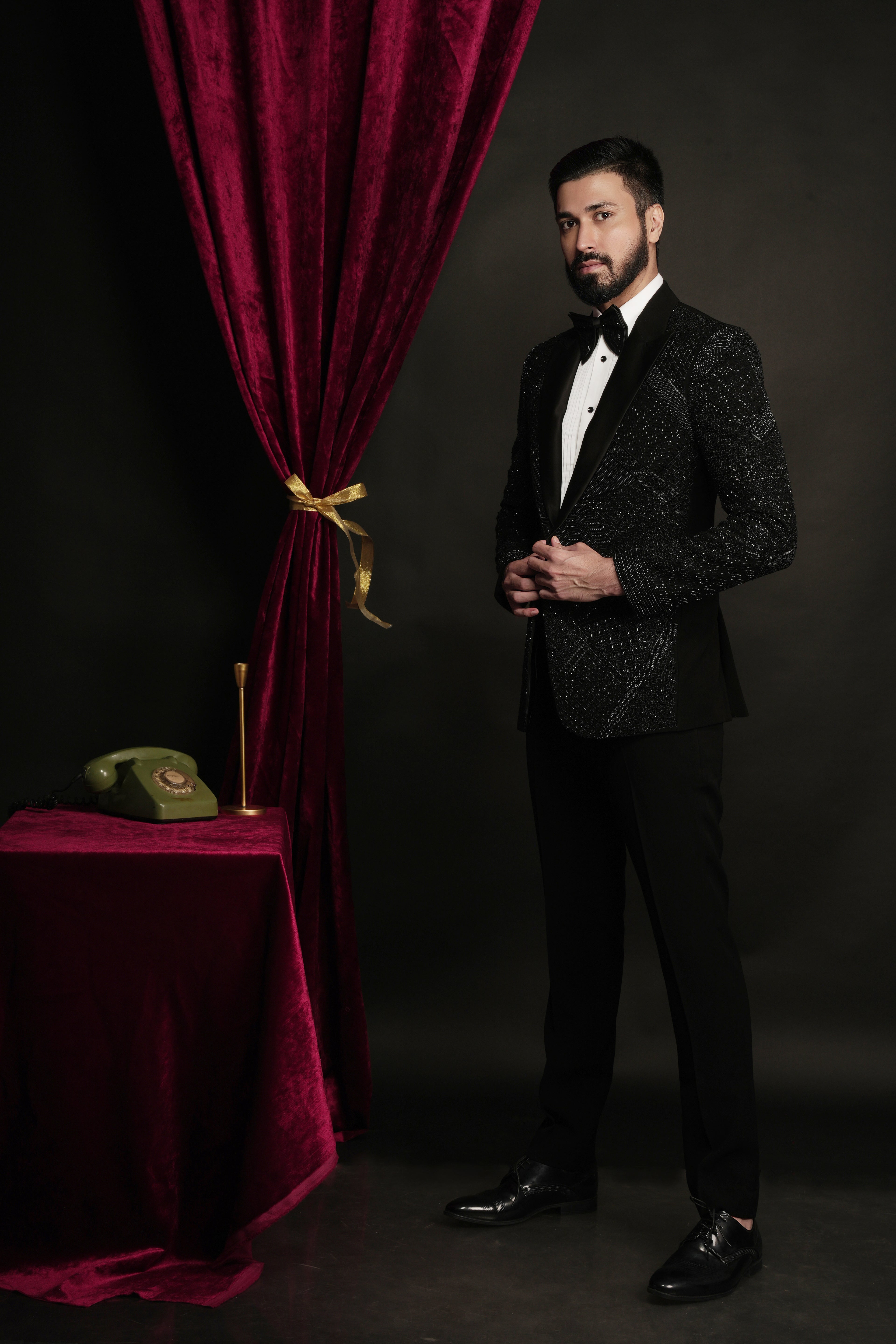 Black Multidimentional Hand Embroidered Tuxedo Set
