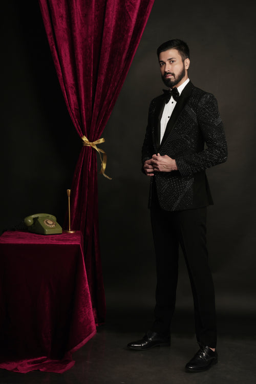 Black Multidimentional Hand Embroidered Tuxedo Set