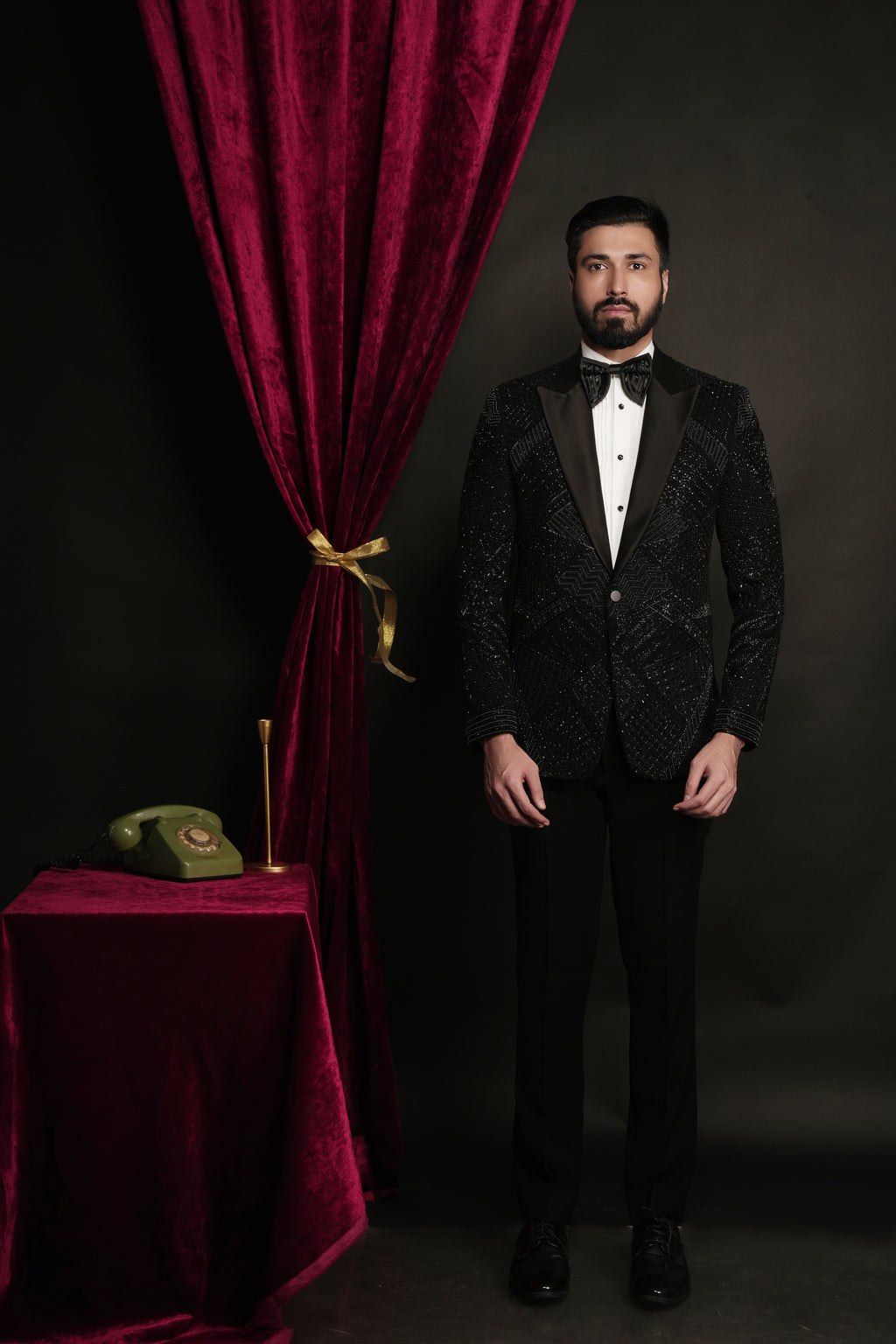Black Multidimentional Hand Embroidered Tuxedo Set