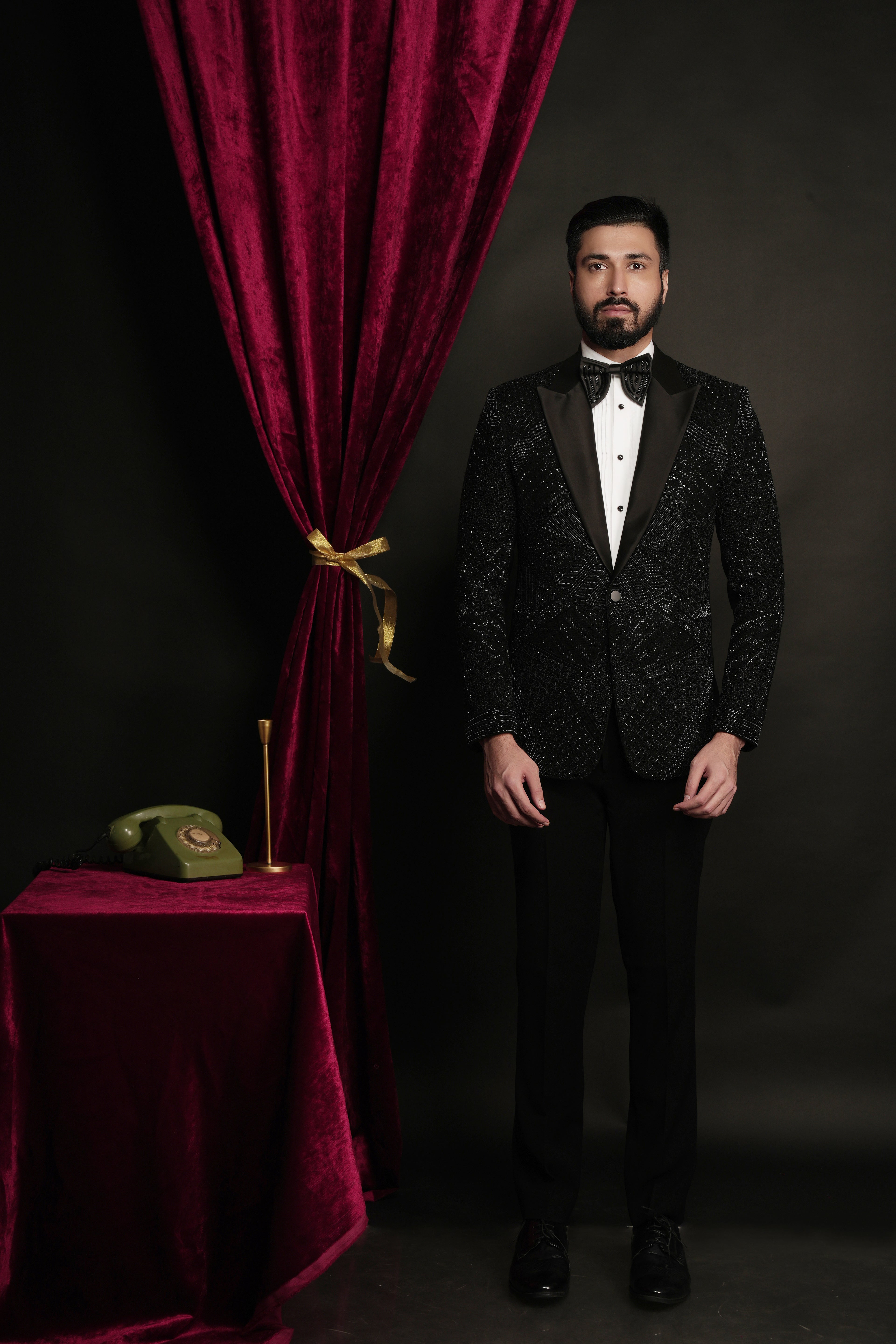 Black Multidimentional Hand Embroidered Tuxedo Set