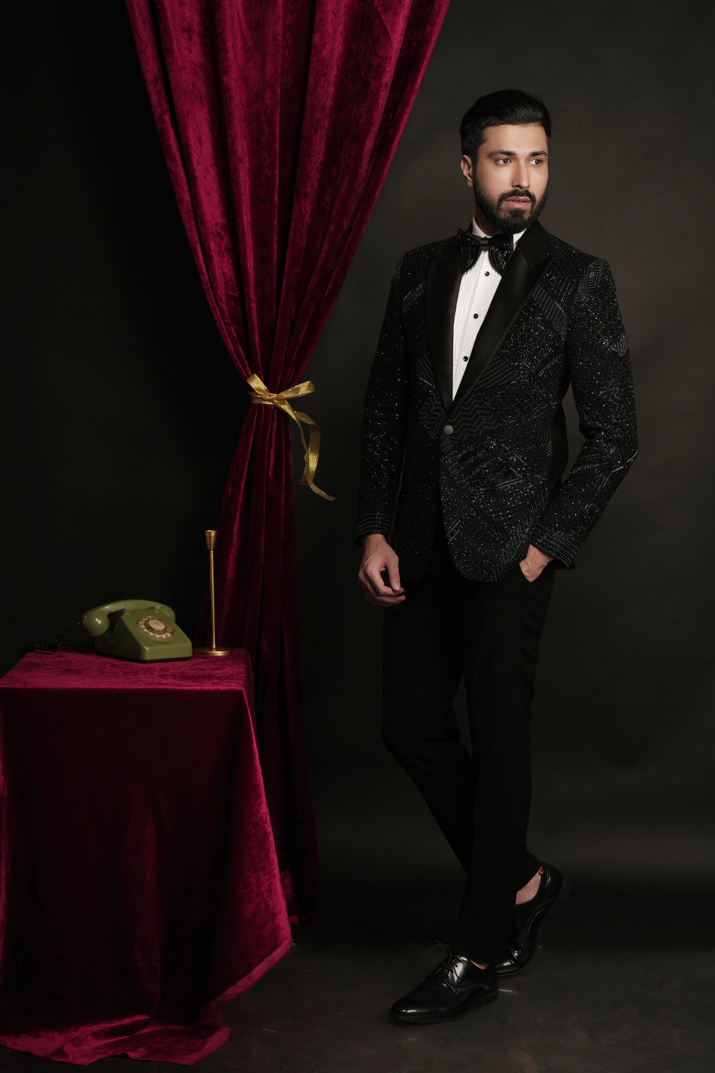 Black Multidimentional Hand Embroidered Tuxedo Set