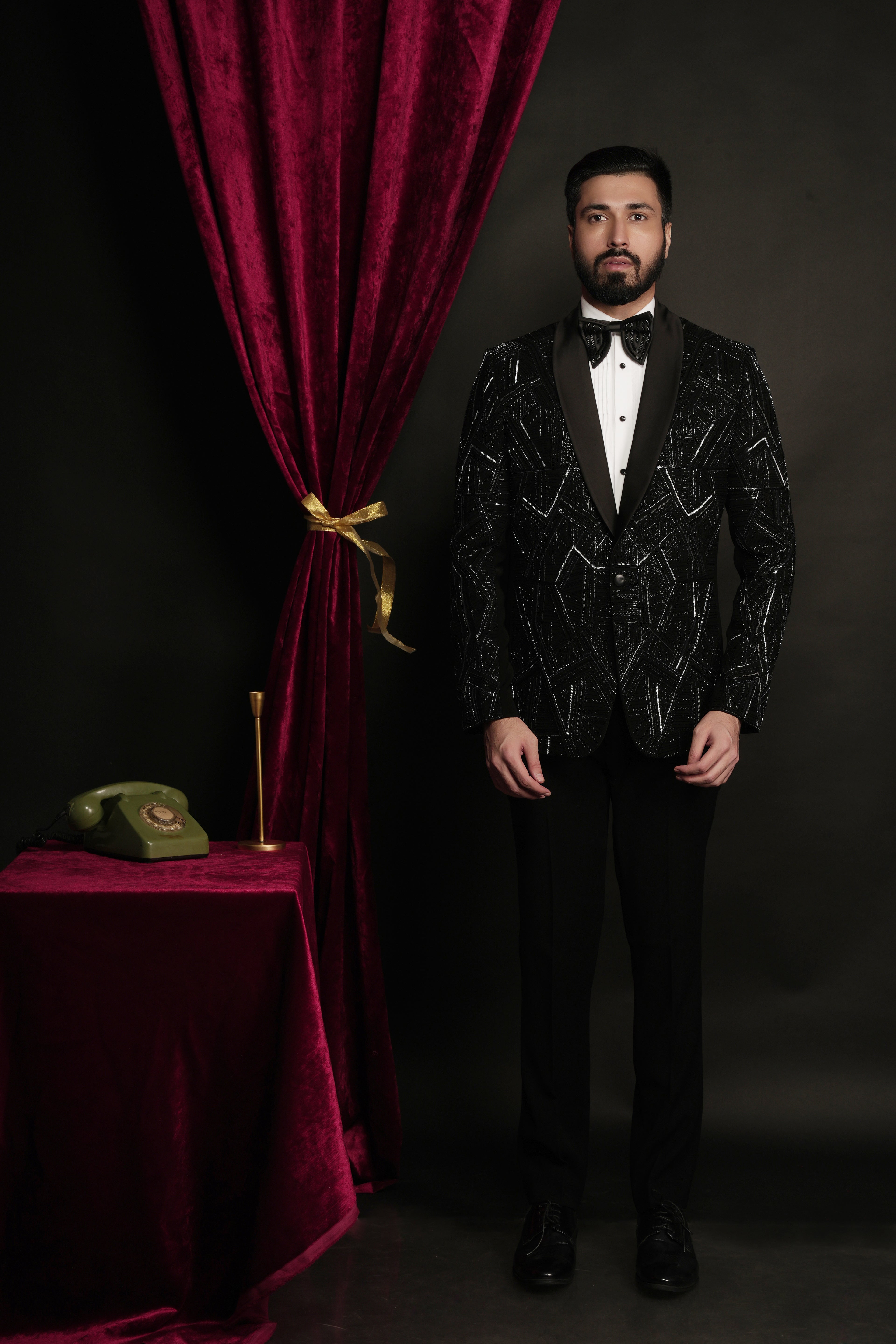 Black Geometric Prism Hand-Embroidered Tuxedo Set