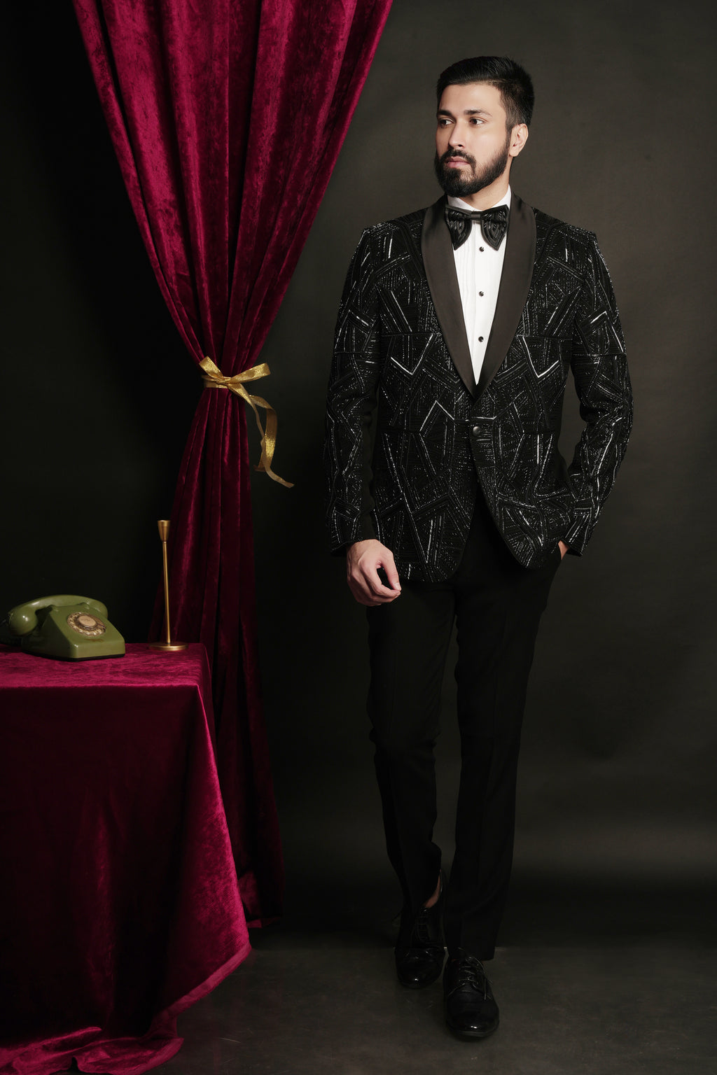 Black Geometric Prism Hand-Embroidered Tuxedo Set