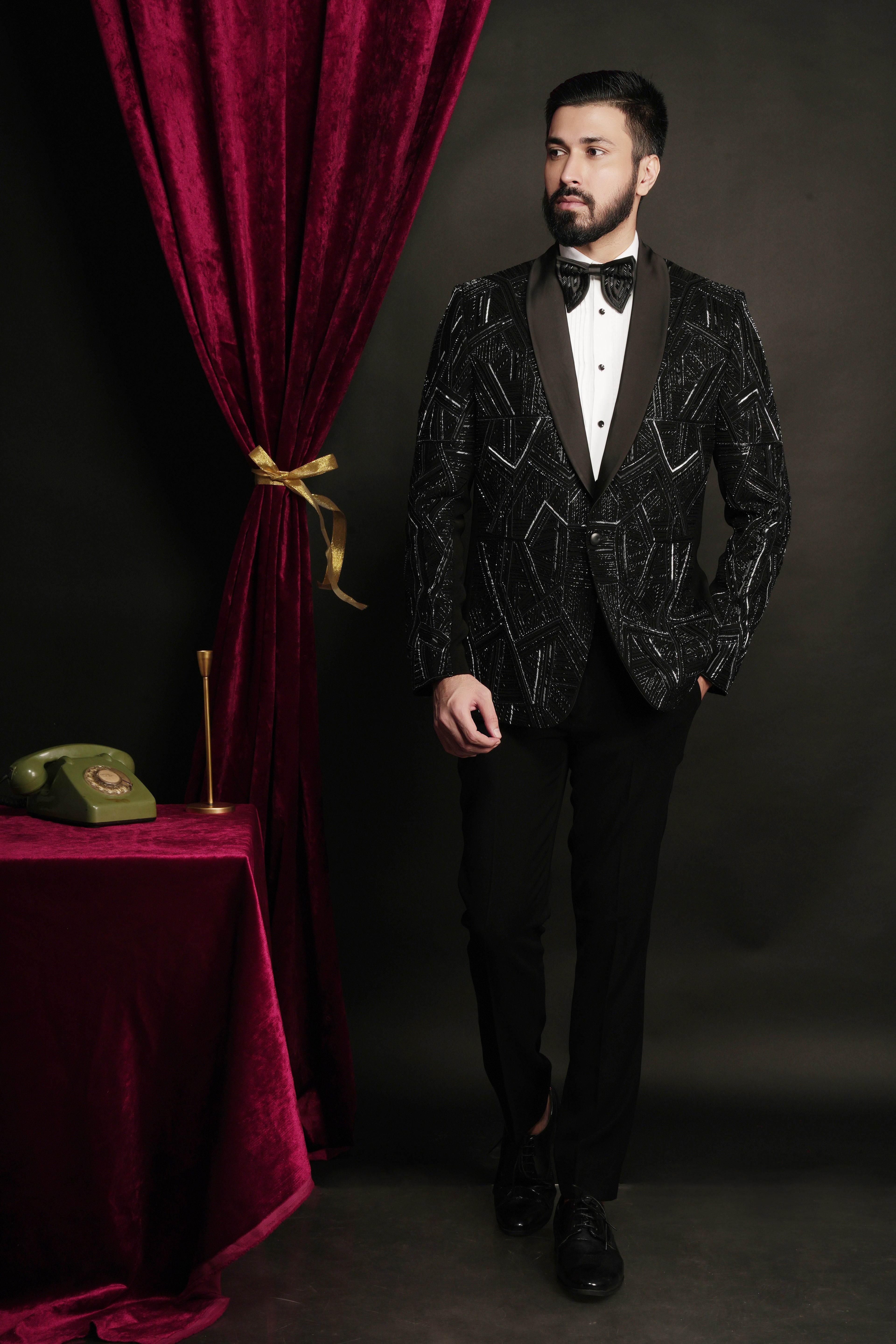 Black Geometric Prism Hand-Embroidered Tuxedo Set