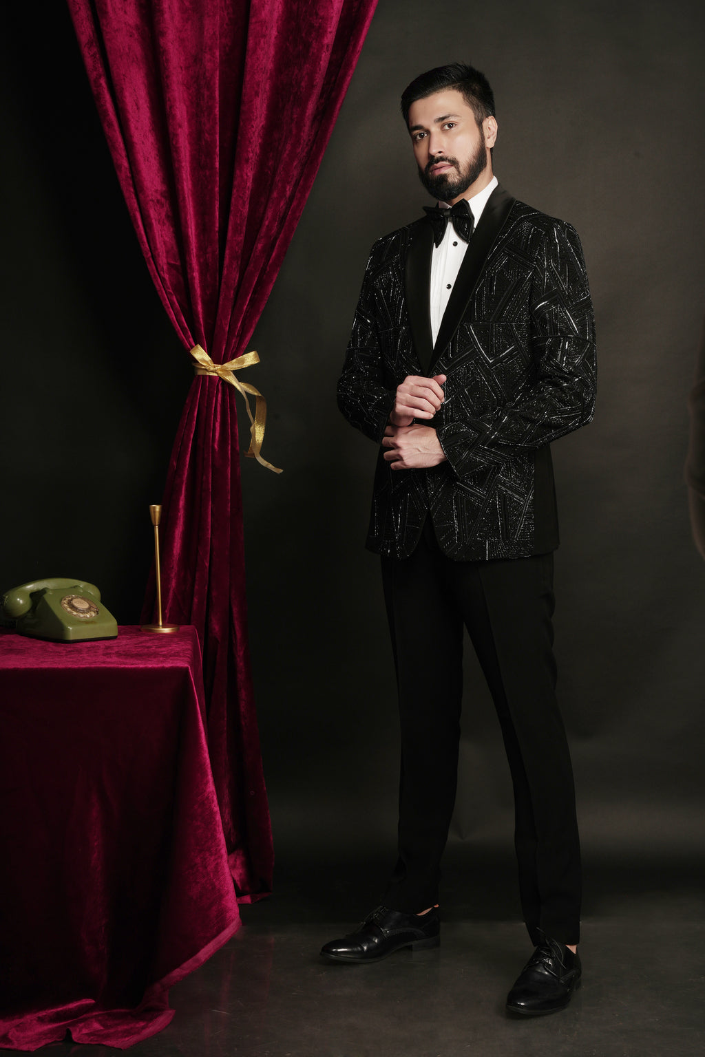 Black Geometric Prism Hand-Embroidered Tuxedo Set