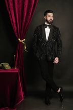 Black Geometric Prism Hand-Embroidered Tuxedo Set