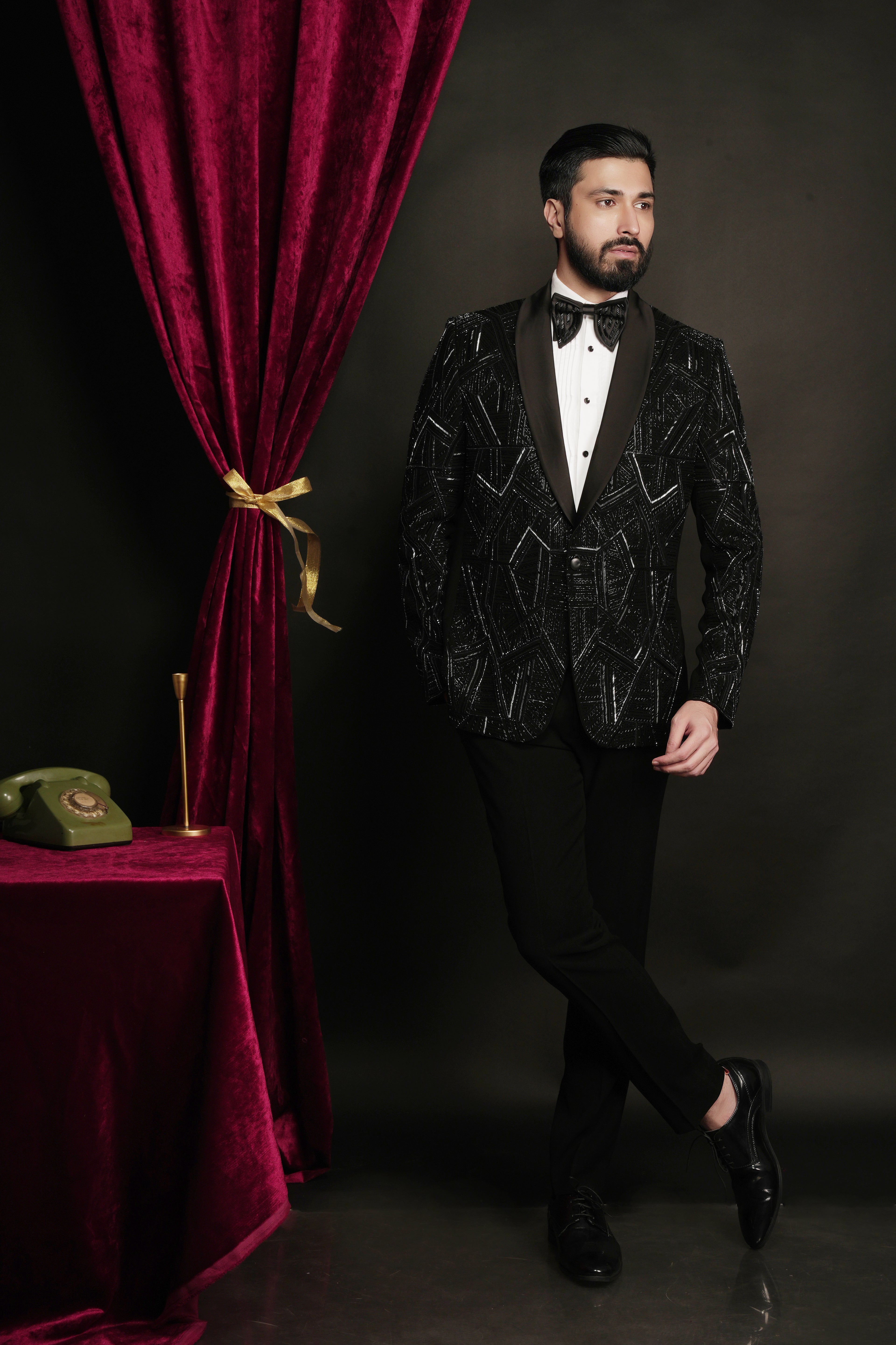 Black Geometric Prism Hand-Embroidered Tuxedo Set