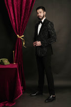 Black Geometric Prism Hand-Embroidered Tuxedo Set