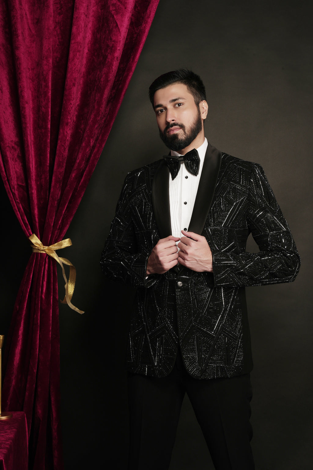Black Geometric Prism Hand-Embroidered Tuxedo Set