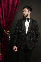 Black Geometric Prism Hand-Embroidered Tuxedo Set