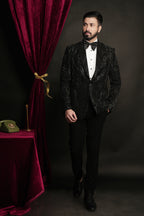 Black Multiple Pattern Abstract Hand Embroidered Tuxedo Set