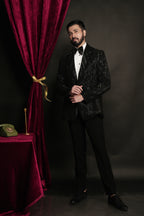 Black Multiple Pattern Abstract Hand Embroidered Tuxedo Set