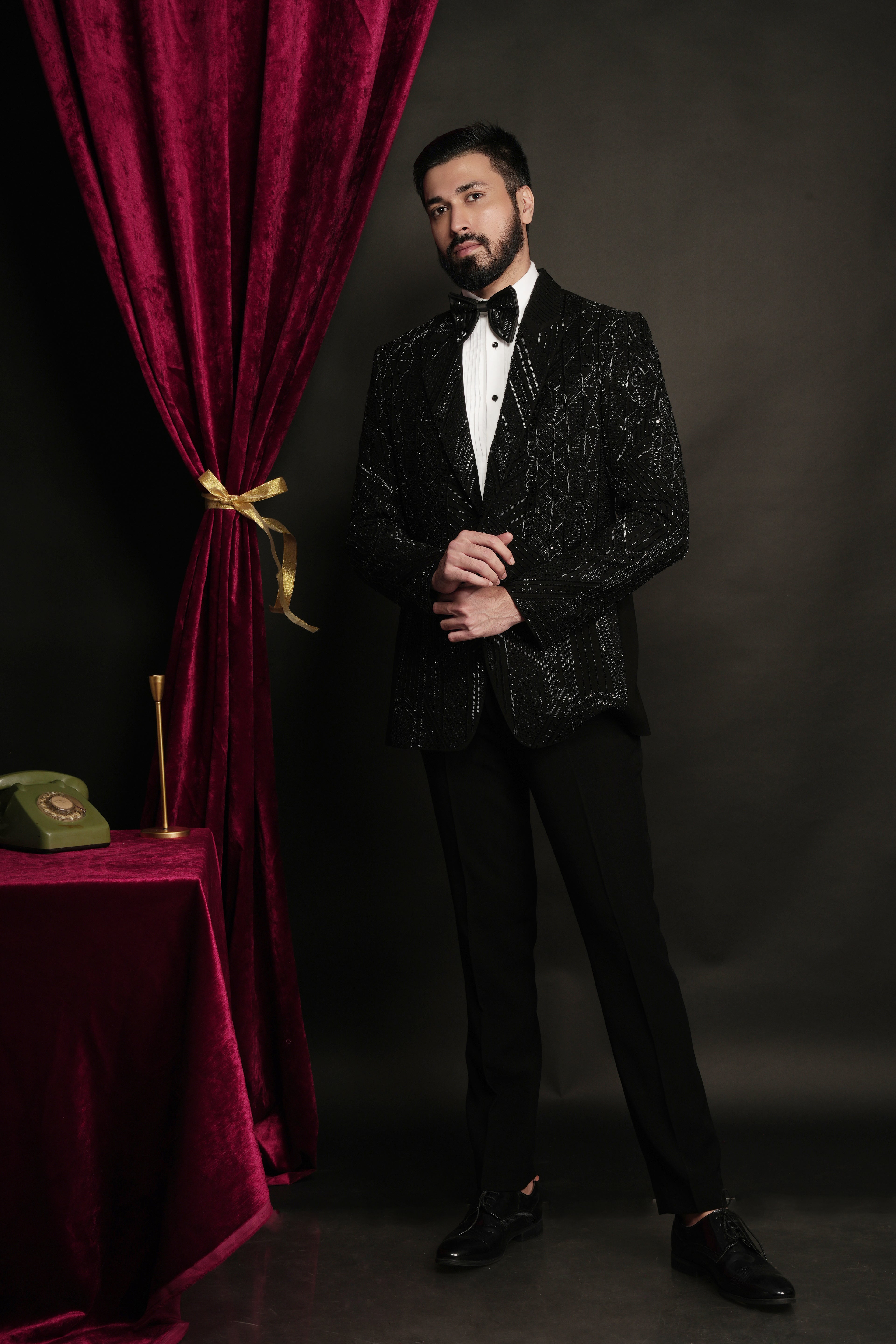 Black Multiple Pattern Abstract Hand Embroidered Tuxedo Set