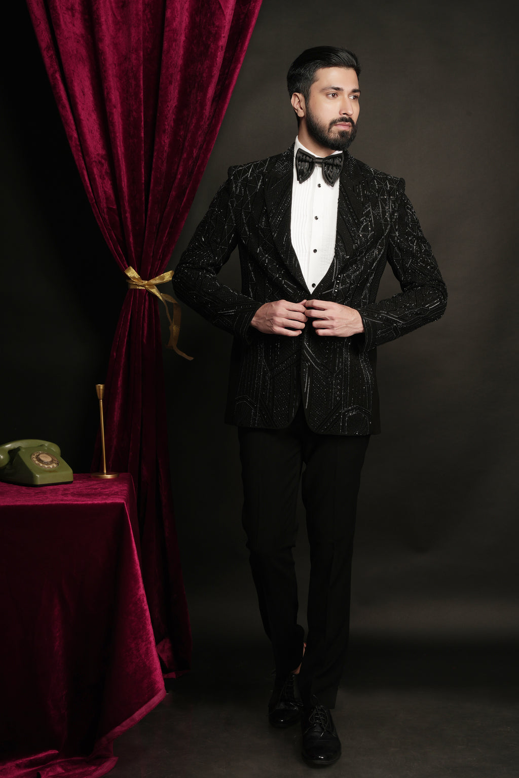 Black Multiple Pattern Abstract Hand Embroidered Tuxedo Set
