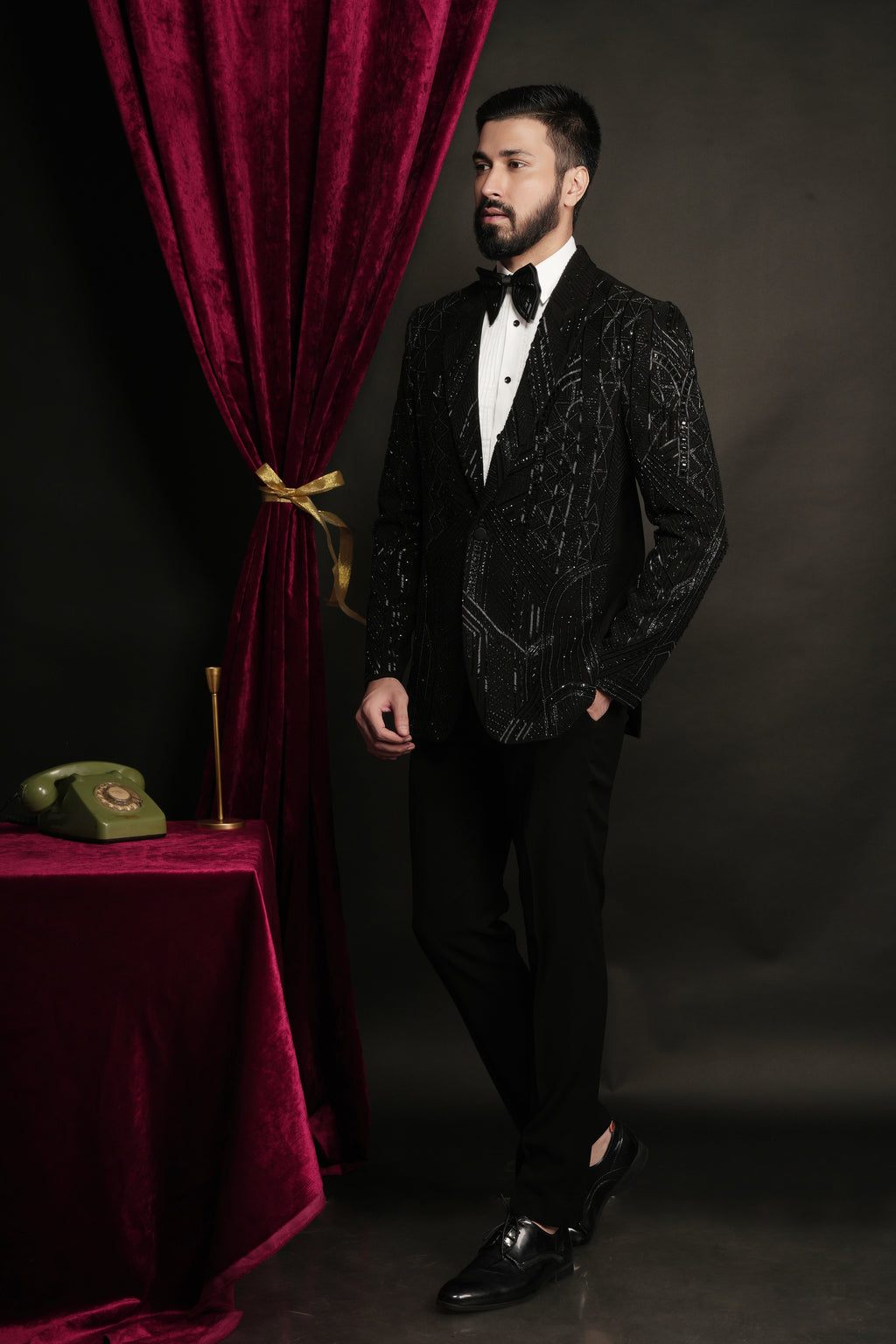 Black Multiple Pattern Abstract Hand Embroidered Tuxedo Set