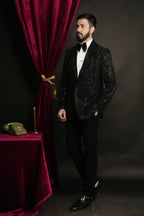 Black Multiple Pattern Abstract Hand Embroidered Tuxedo Set