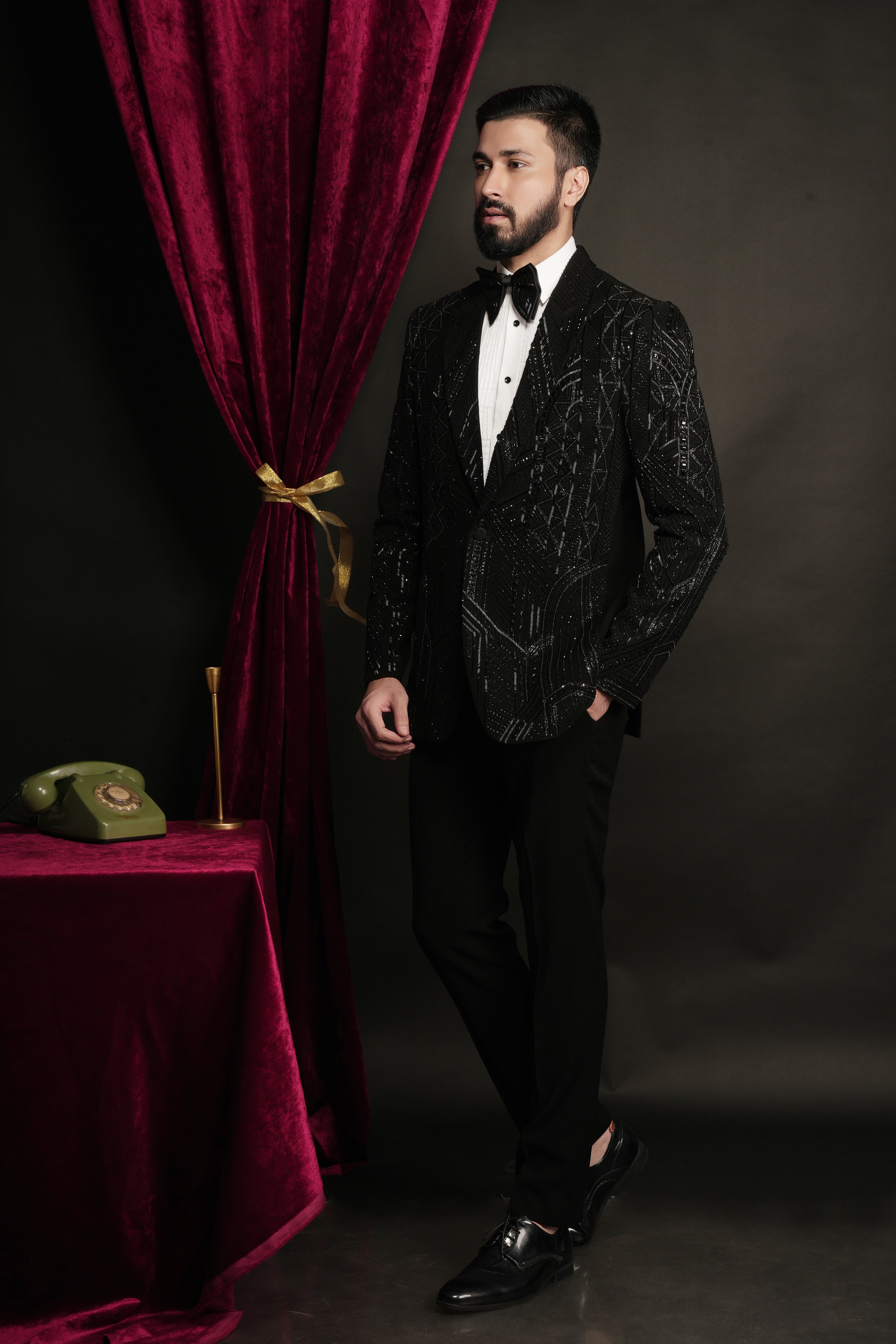 Black Multiple Pattern Abstract Hand Embroidered Tuxedo Set