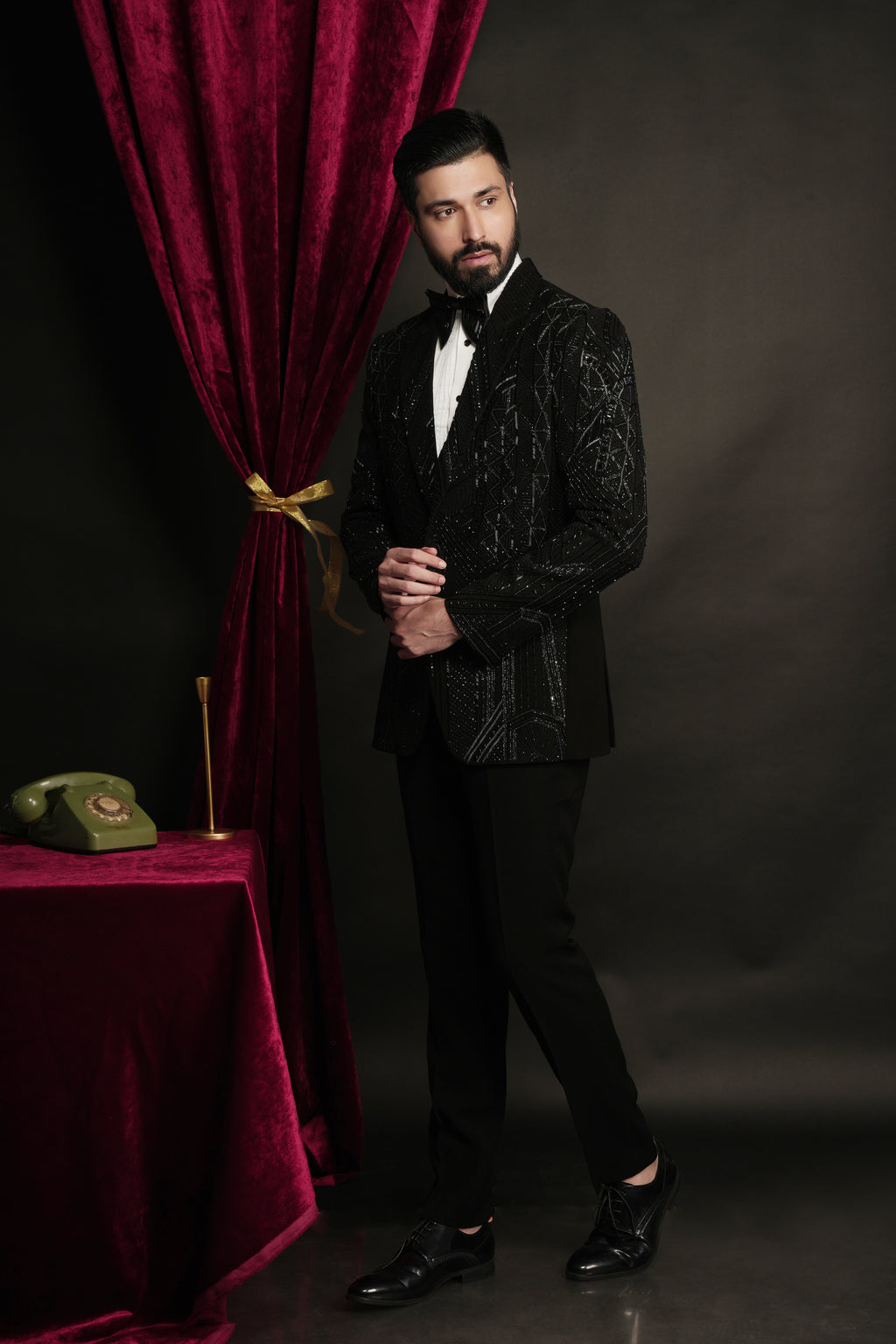 Black Multiple Pattern Abstract Hand Embroidered Tuxedo Set