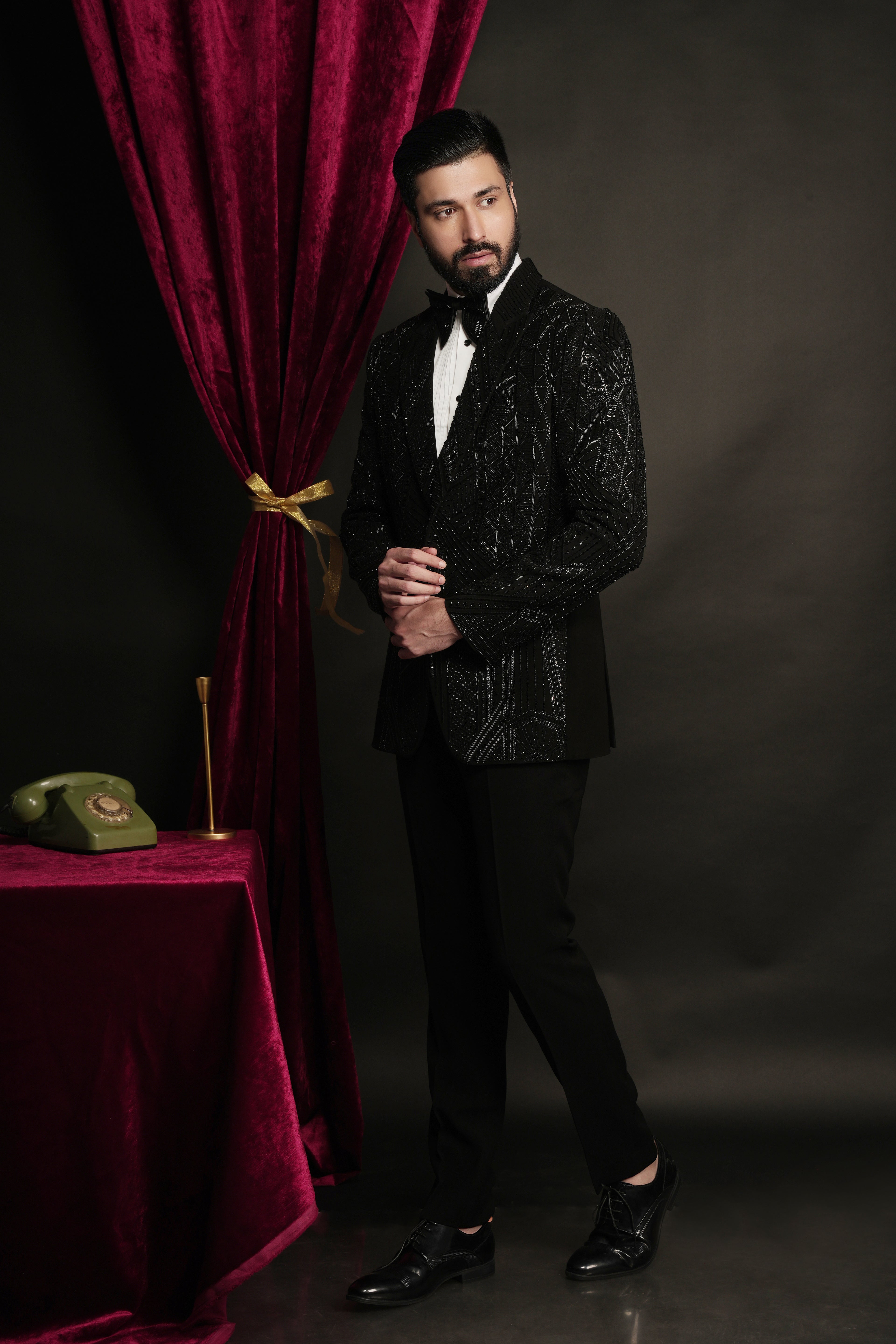 Black Multiple Pattern Abstract Hand Embroidered Tuxedo Set