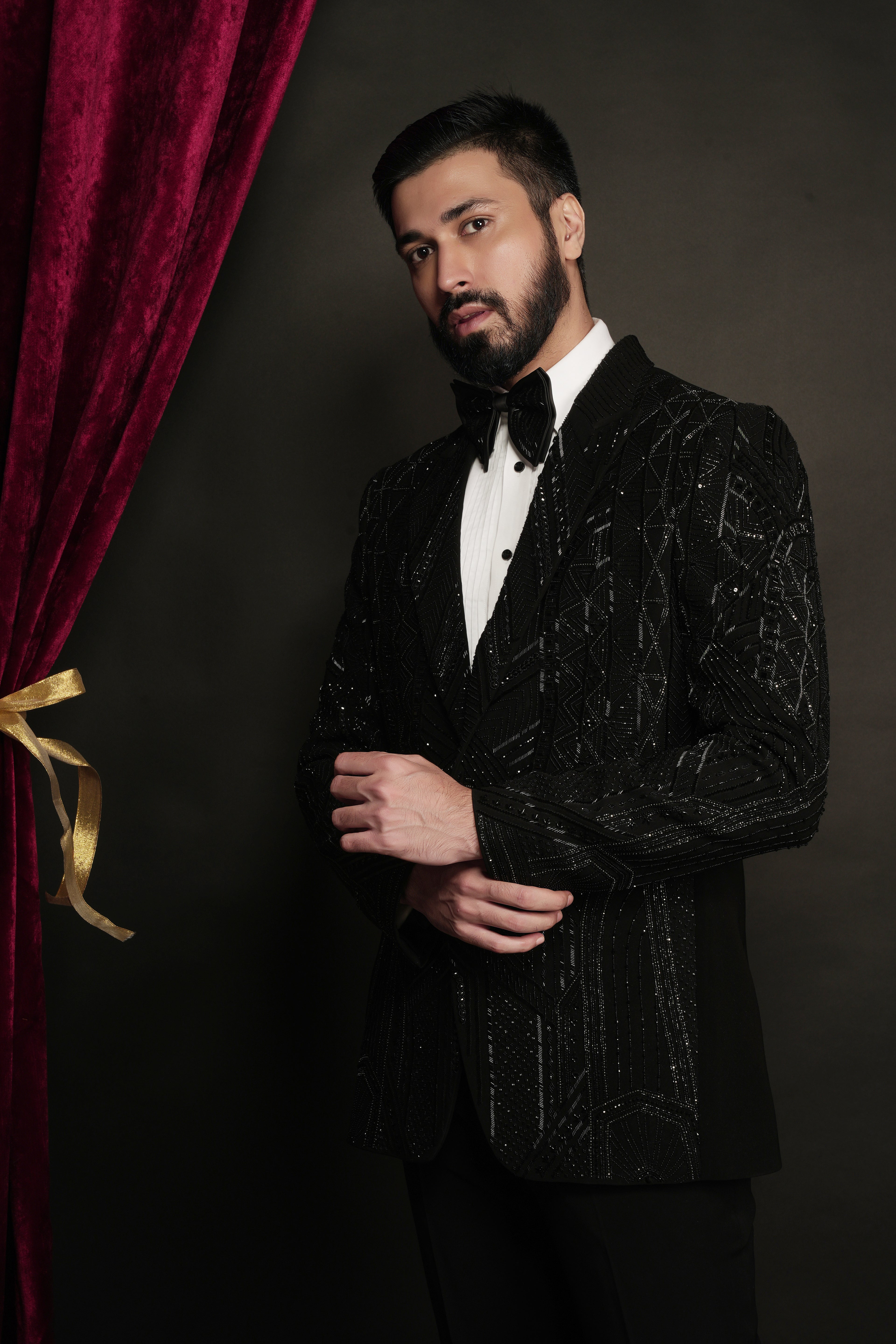 Black Multiple Pattern Abstract Hand Embroidered Tuxedo Set