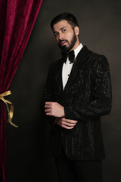 Black Multiple Pattern Abstract Hand Embroidered Tuxedo Set