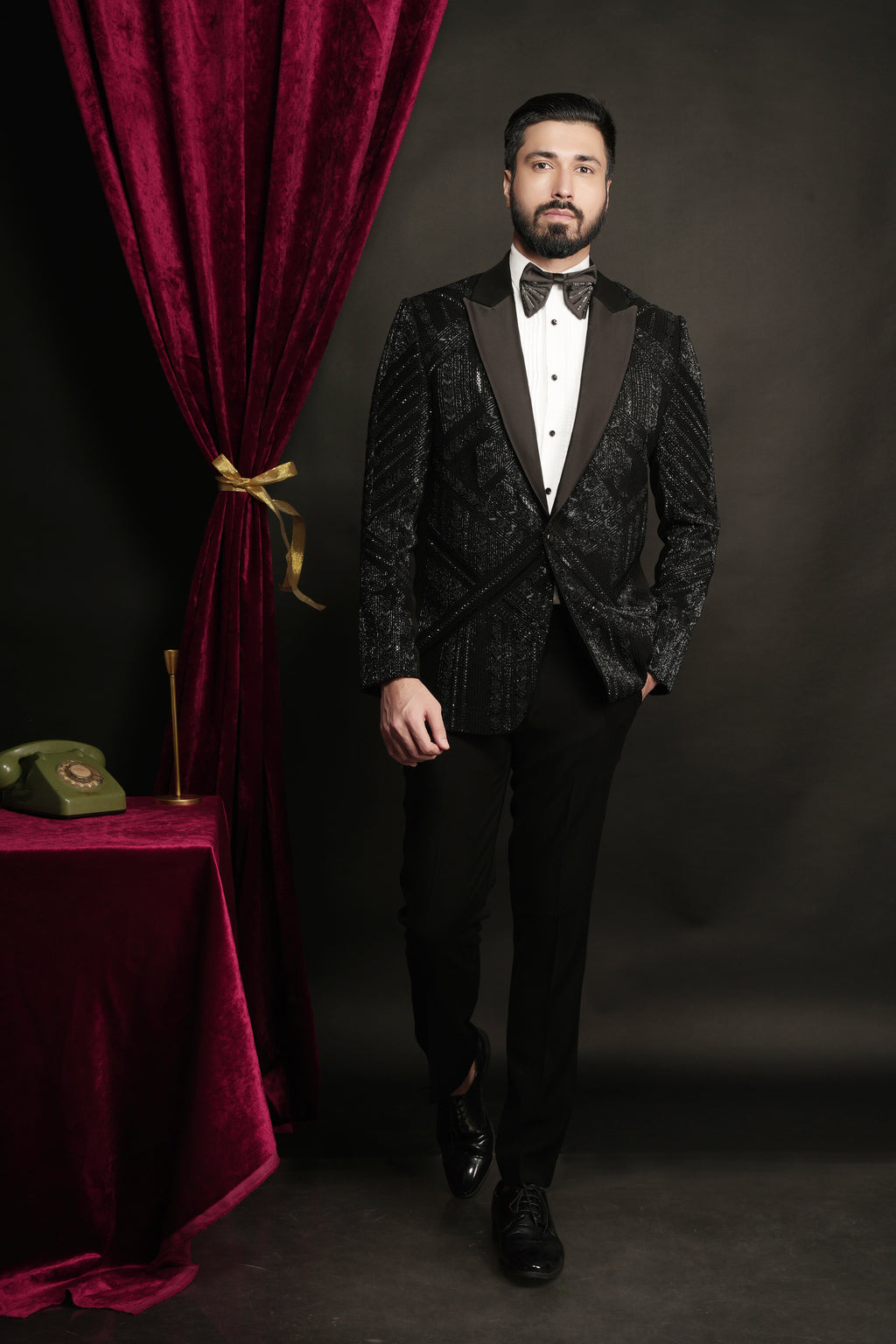 Black Geometric Shape Shift Hand Embroidered Tuxedo Set