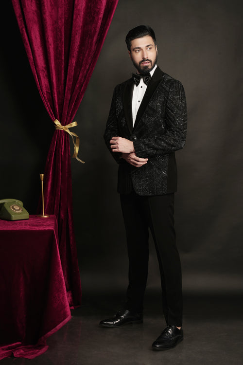 Black Geometric Shape Shift Hand Embroidered Tuxedo Set