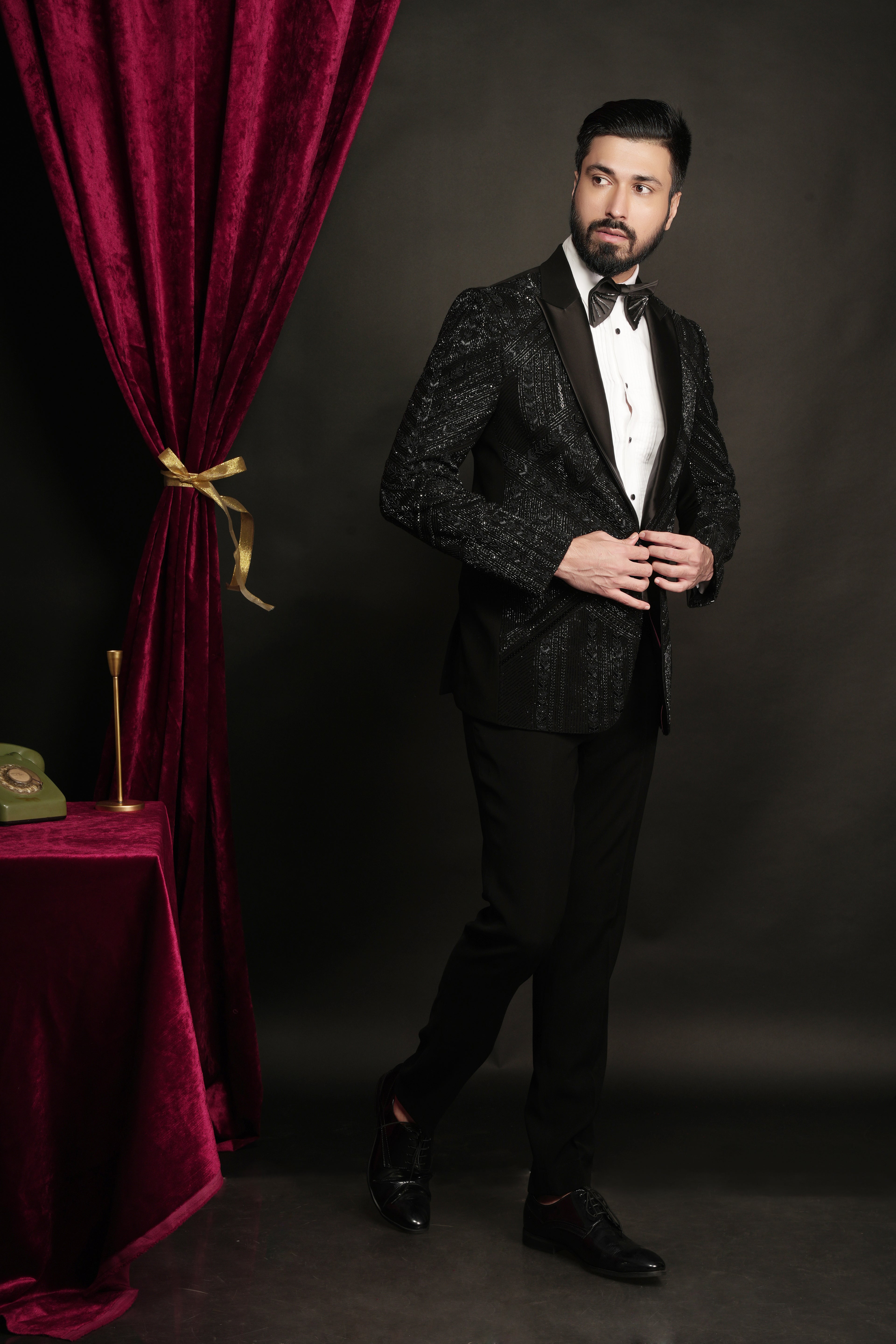 Black Geometric Shape Shift Hand Embroidered Tuxedo Set