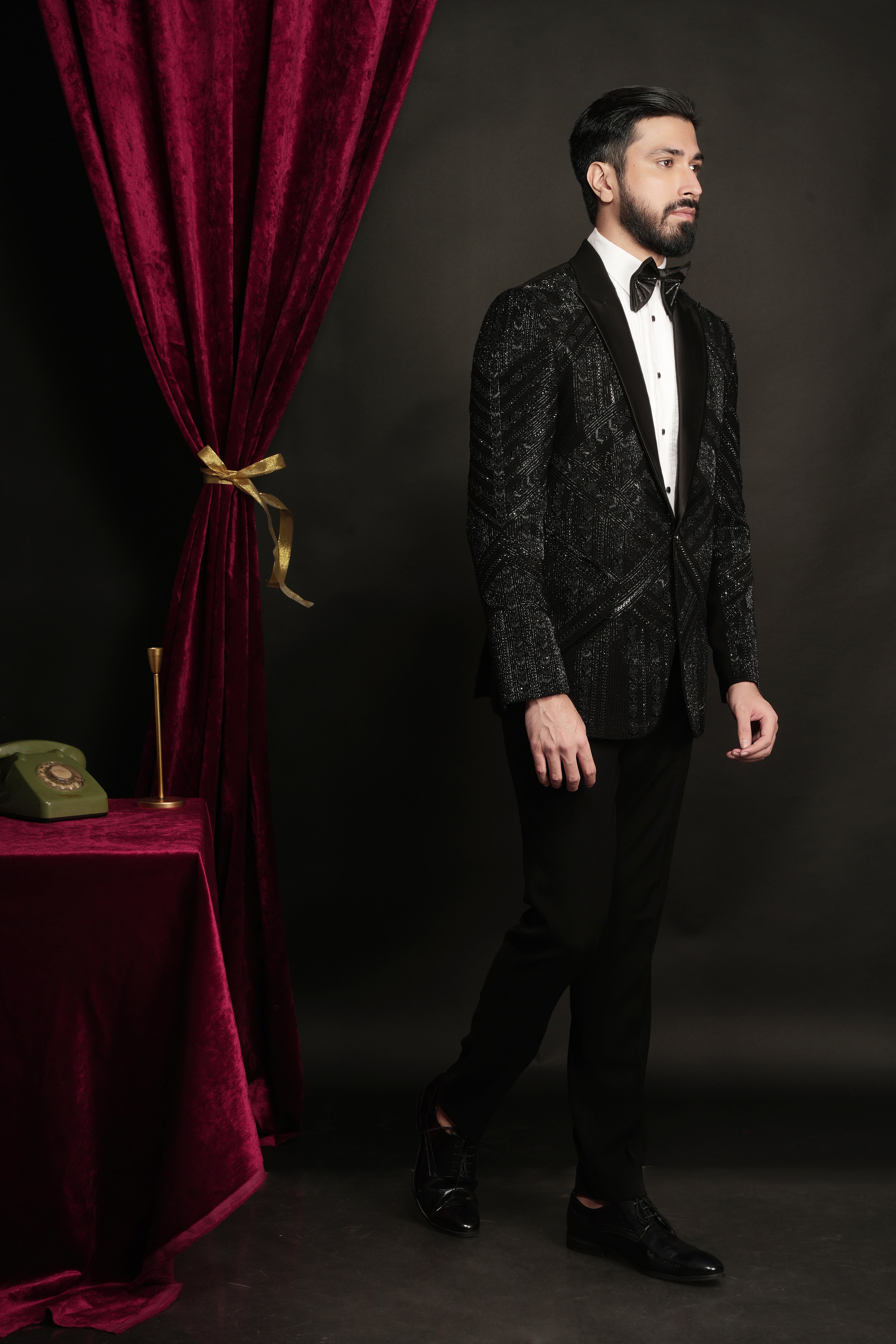 Black Geometric Shape Shift Hand Embroidered Tuxedo Set