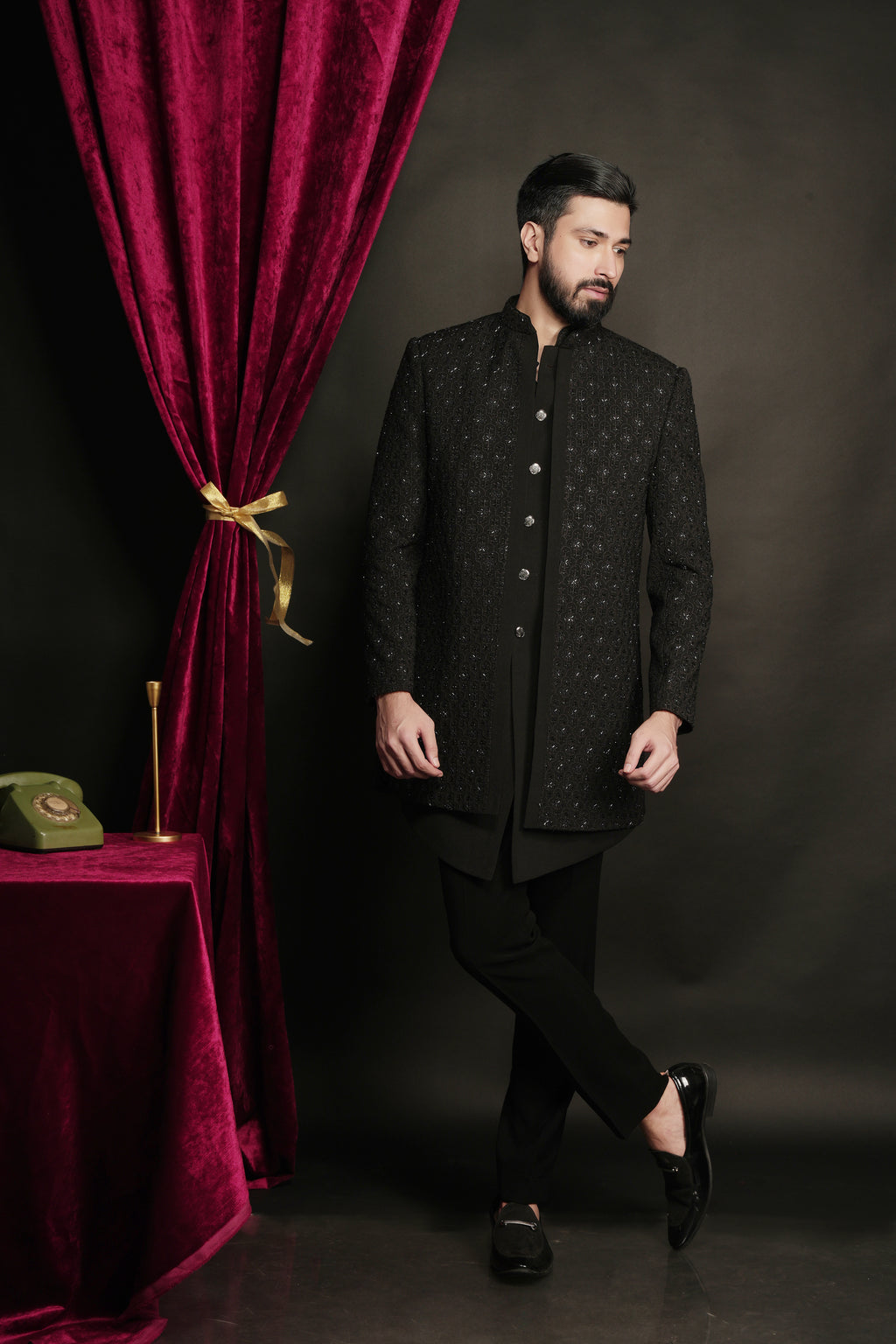 Black Layered Indowestern Set