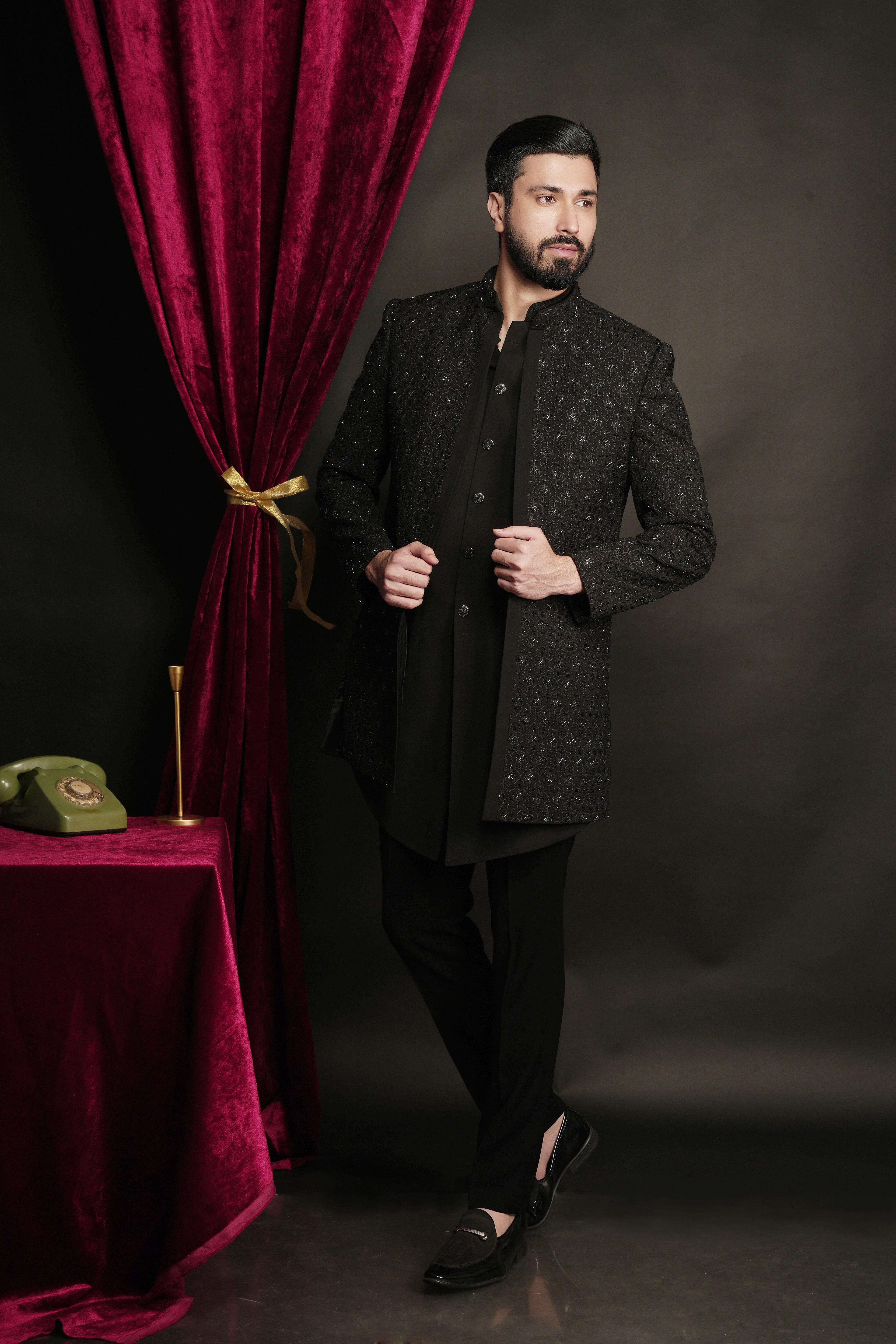 Black Layered Indowestern Set