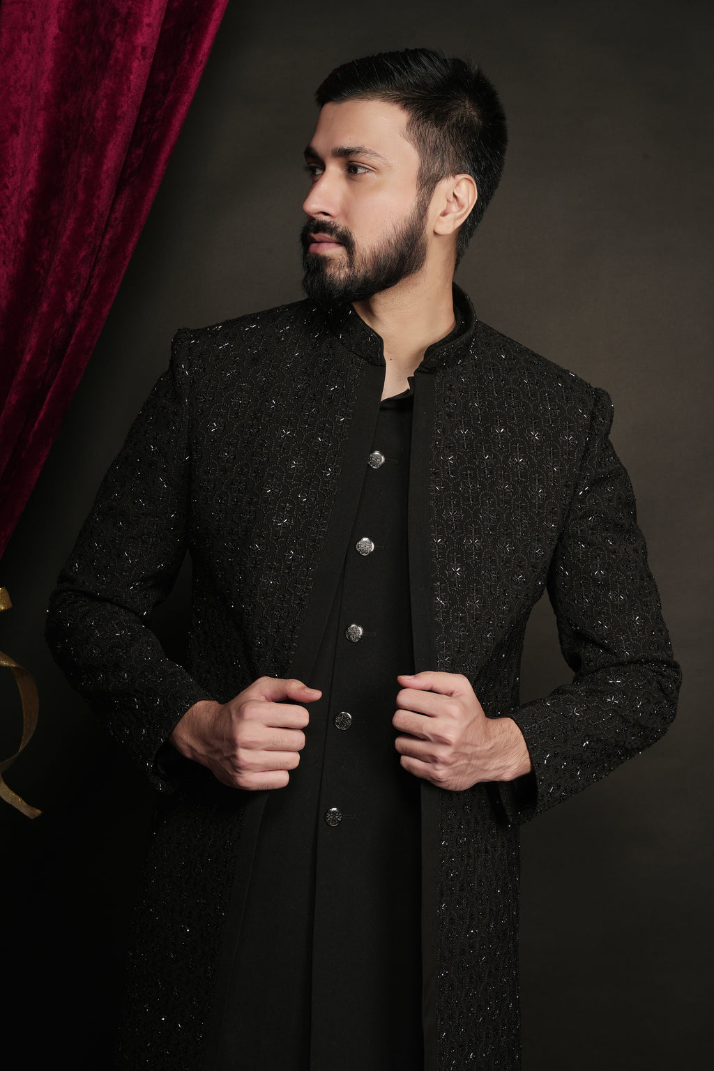 Black Layered Indowestern Set