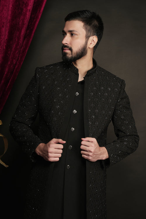 Black Layered Indowestern Set