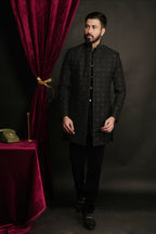 Black Velvet Embroidered Open Indowestern Set