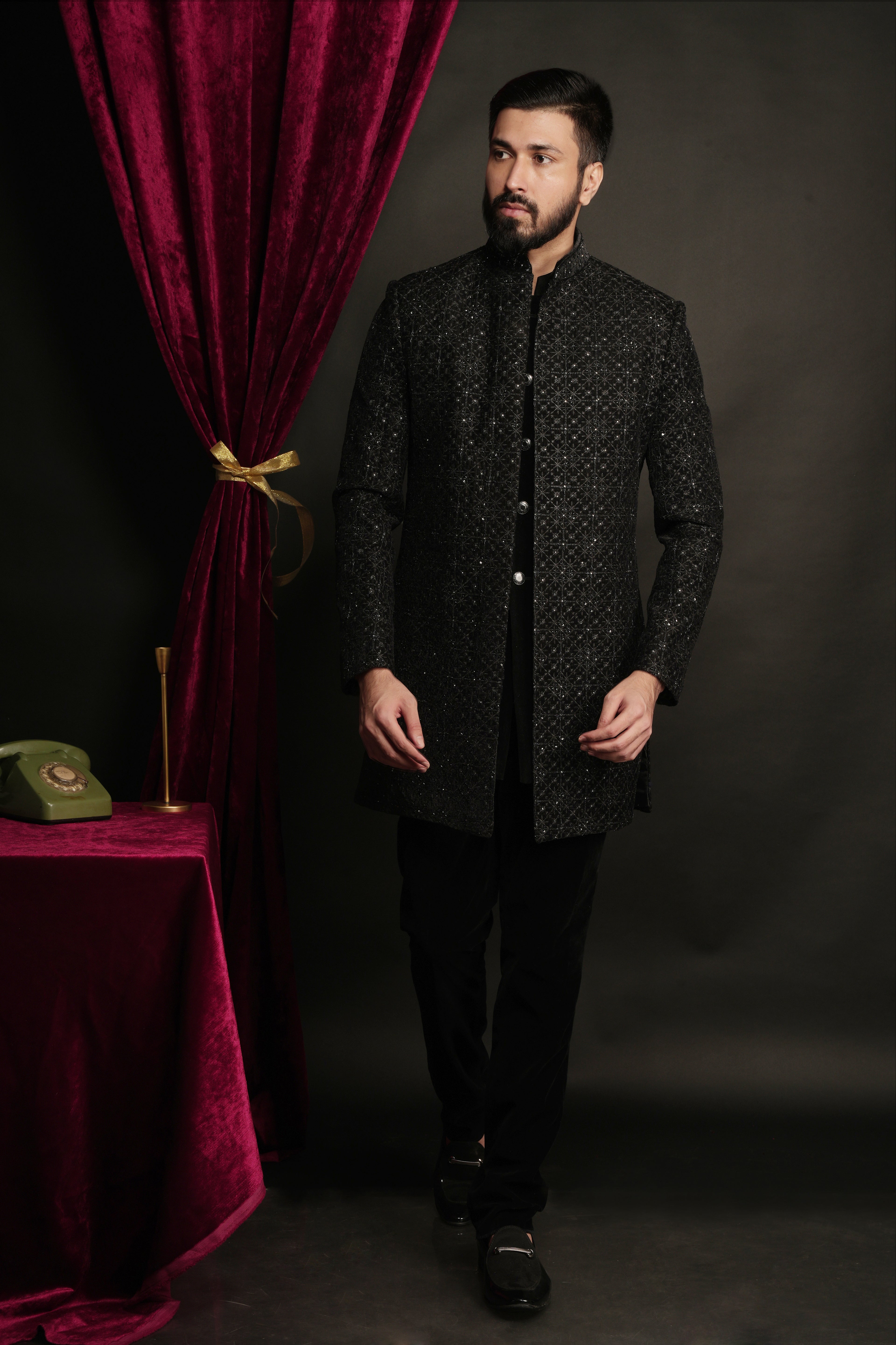 Black Velvet Embroidered Open Indowestern Set