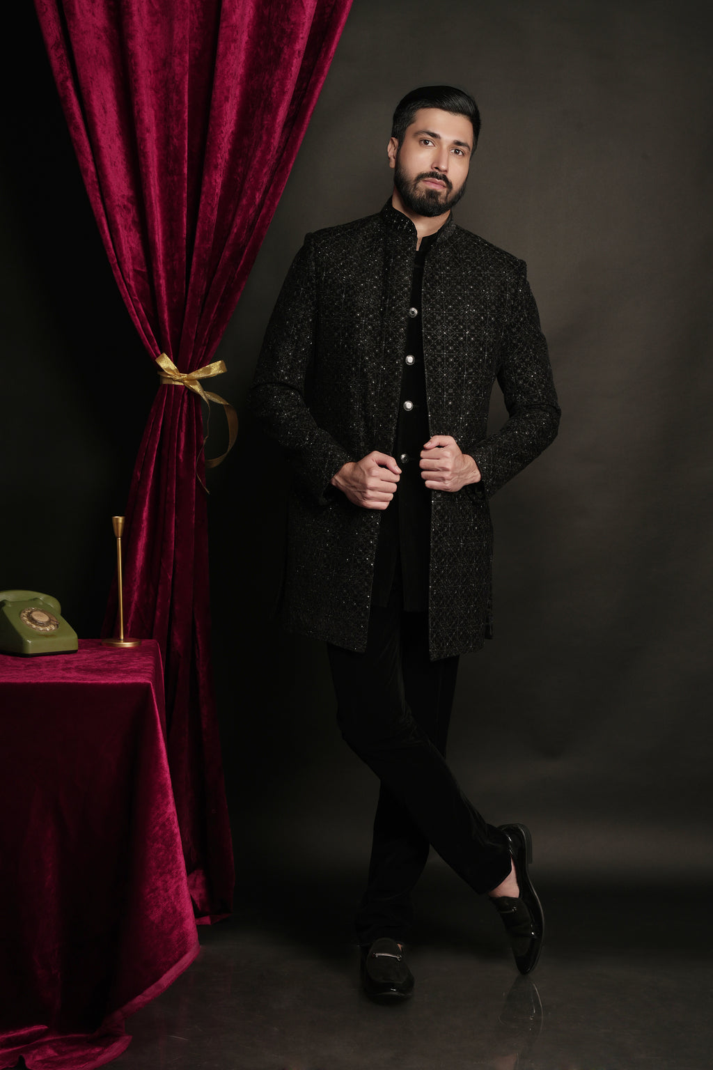 Black Velvet Embroidered Open Indowestern Set