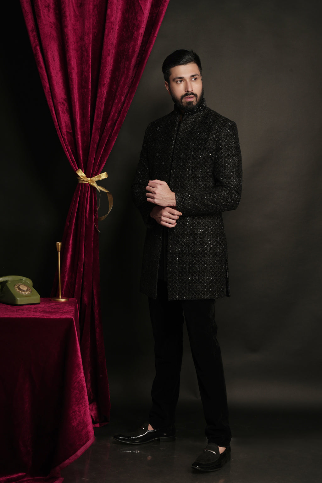 Black Velvet Embroidered Open Indowestern Set