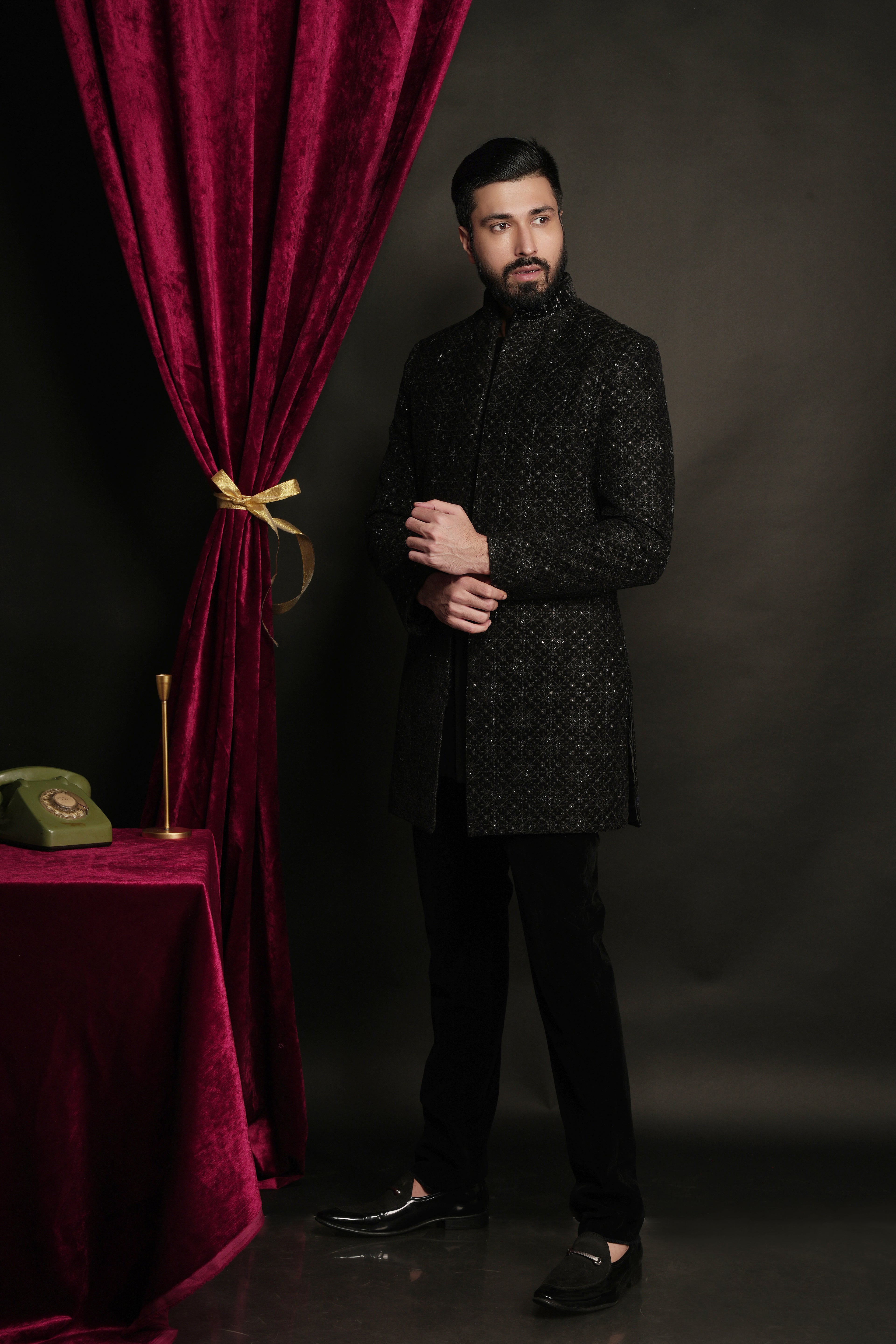 Black Velvet Embroidered Open Indowestern Set