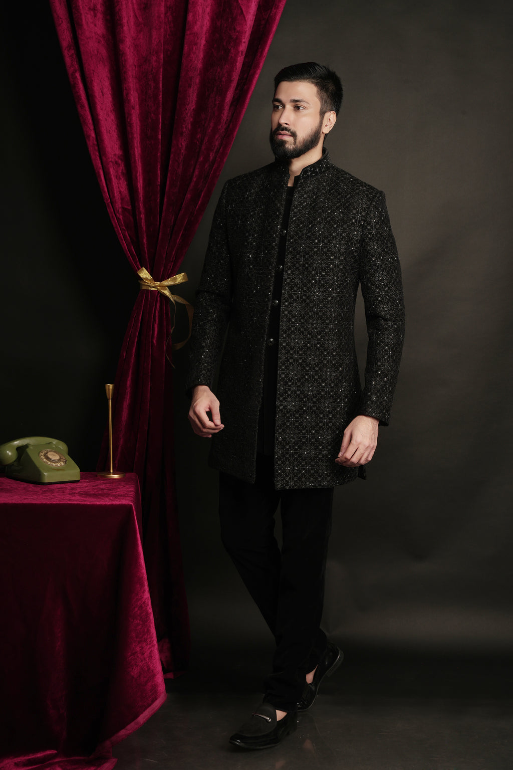 Black Velvet Embroidered Open Indowestern Set
